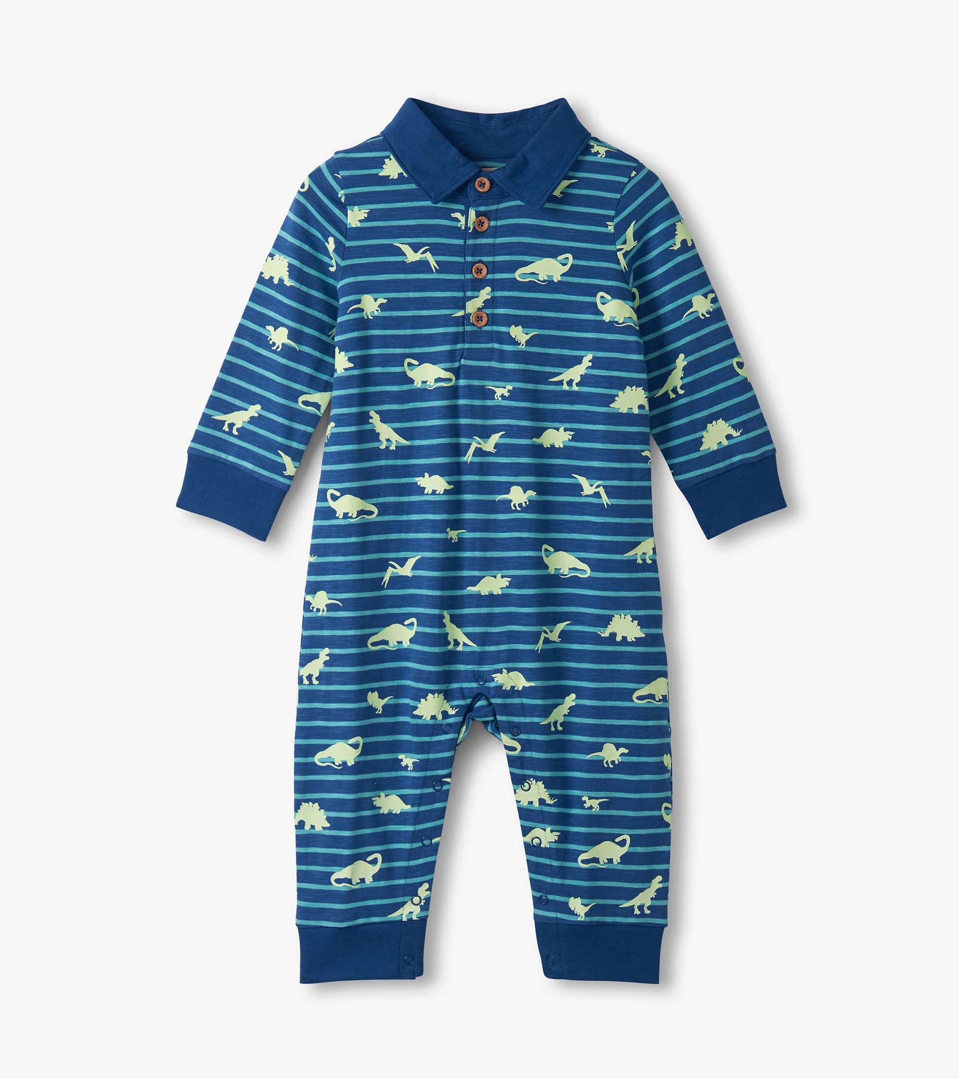 Navy blue polo romper with glow-in-the-dark dinosaur patterns and striped design, featuring a collar and button closure.