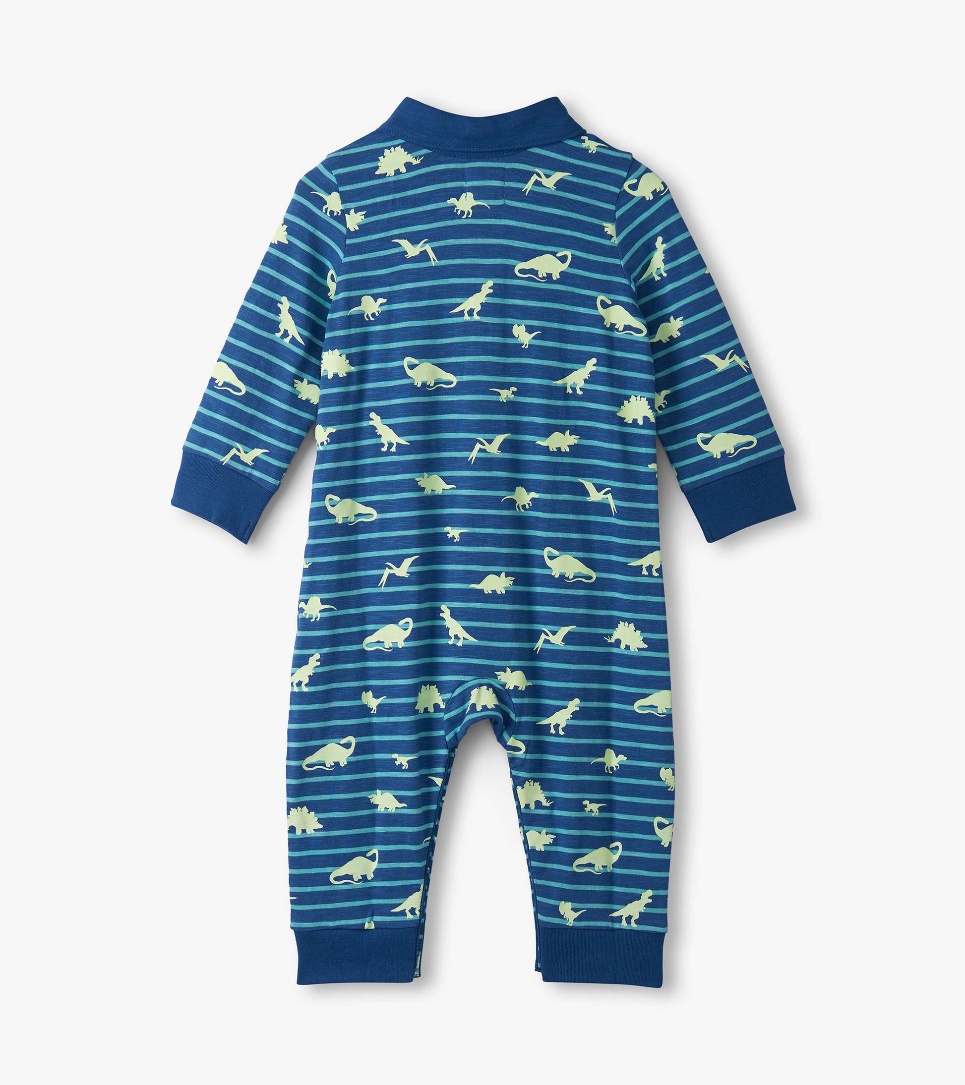 Navy blue polo romper with glow-in-the-dark dinosaur prints and striped pattern, featuring long sleeves and a collar.