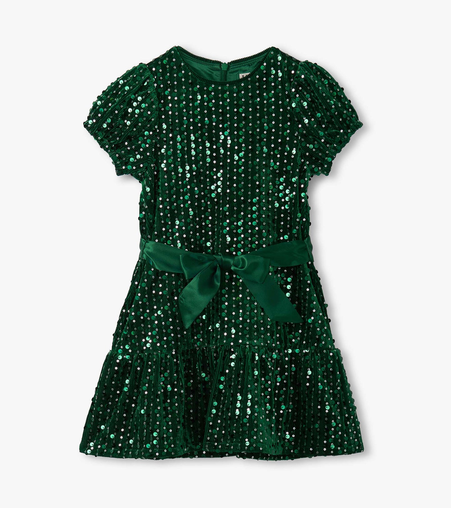 Green velvet dress adorned with sequins, featuring short puff sleeves and a waist tie, flared skirt design.