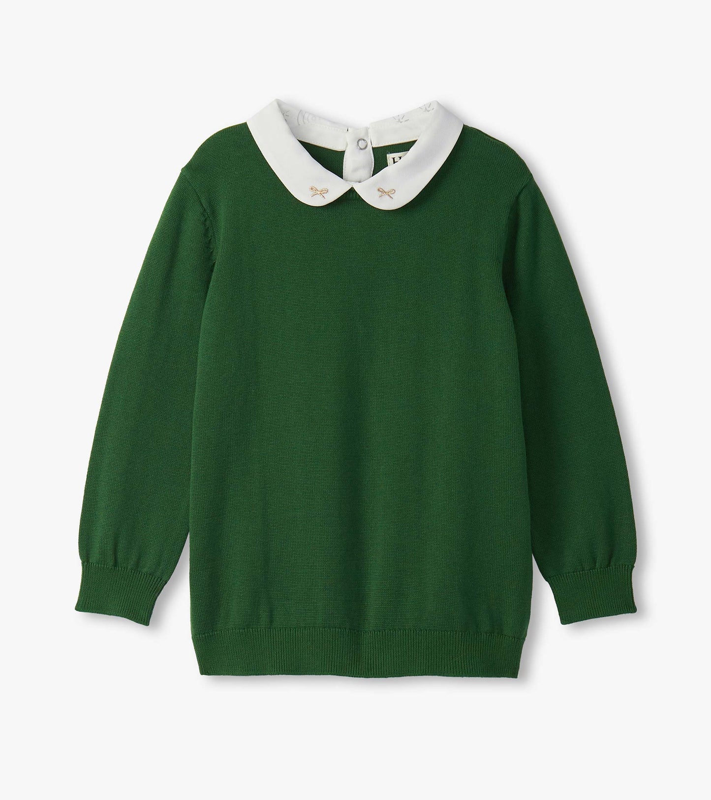 Green sweater with long sleeves and a white collar featuring decorative bows, suitable for girls.