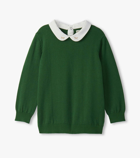Green sweater with long sleeves and a white collar featuring decorative bows, suitable for girls.