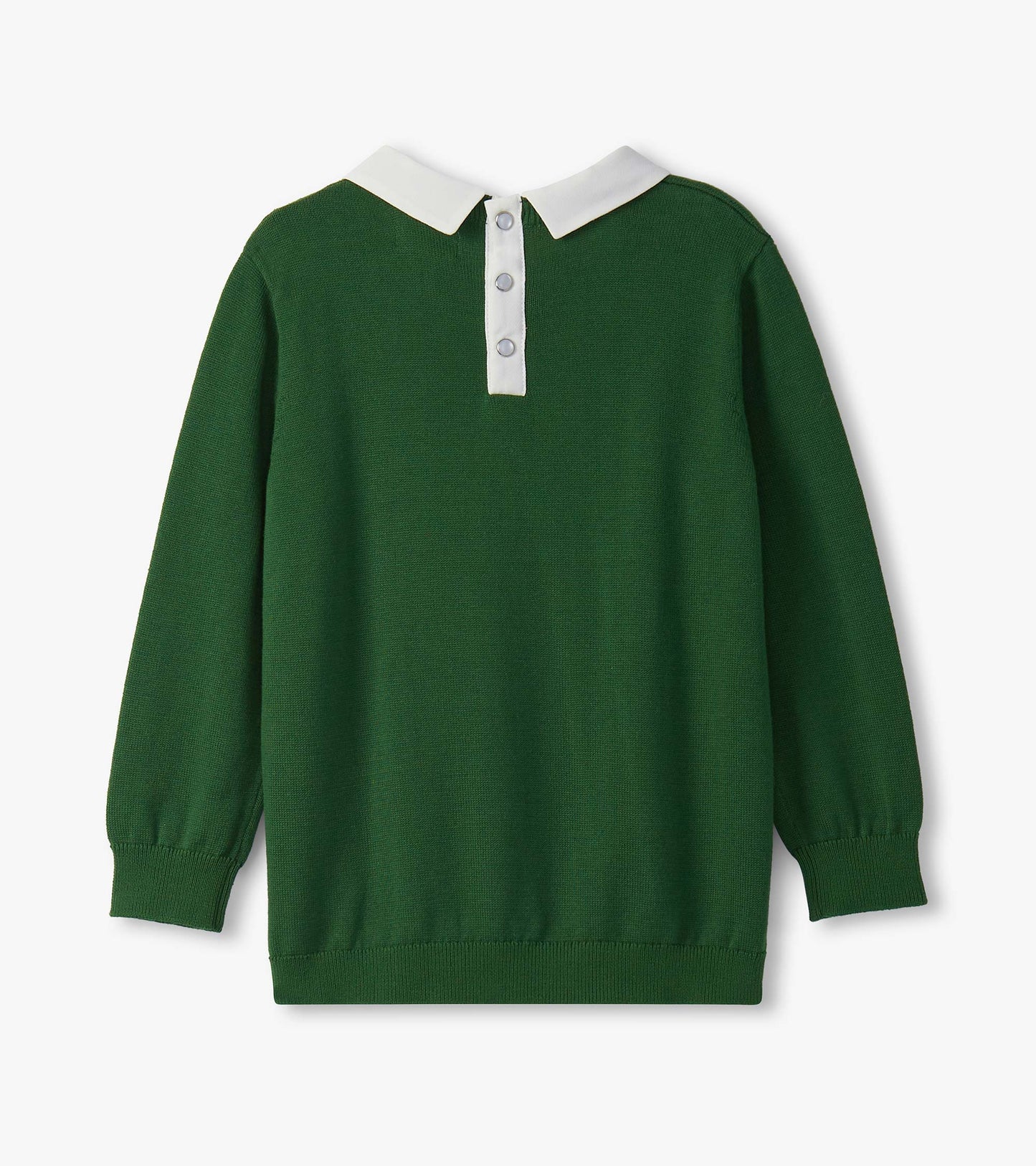 Green sweater with a white collar and button closure at the back, featuring long sleeves and a relaxed fit.