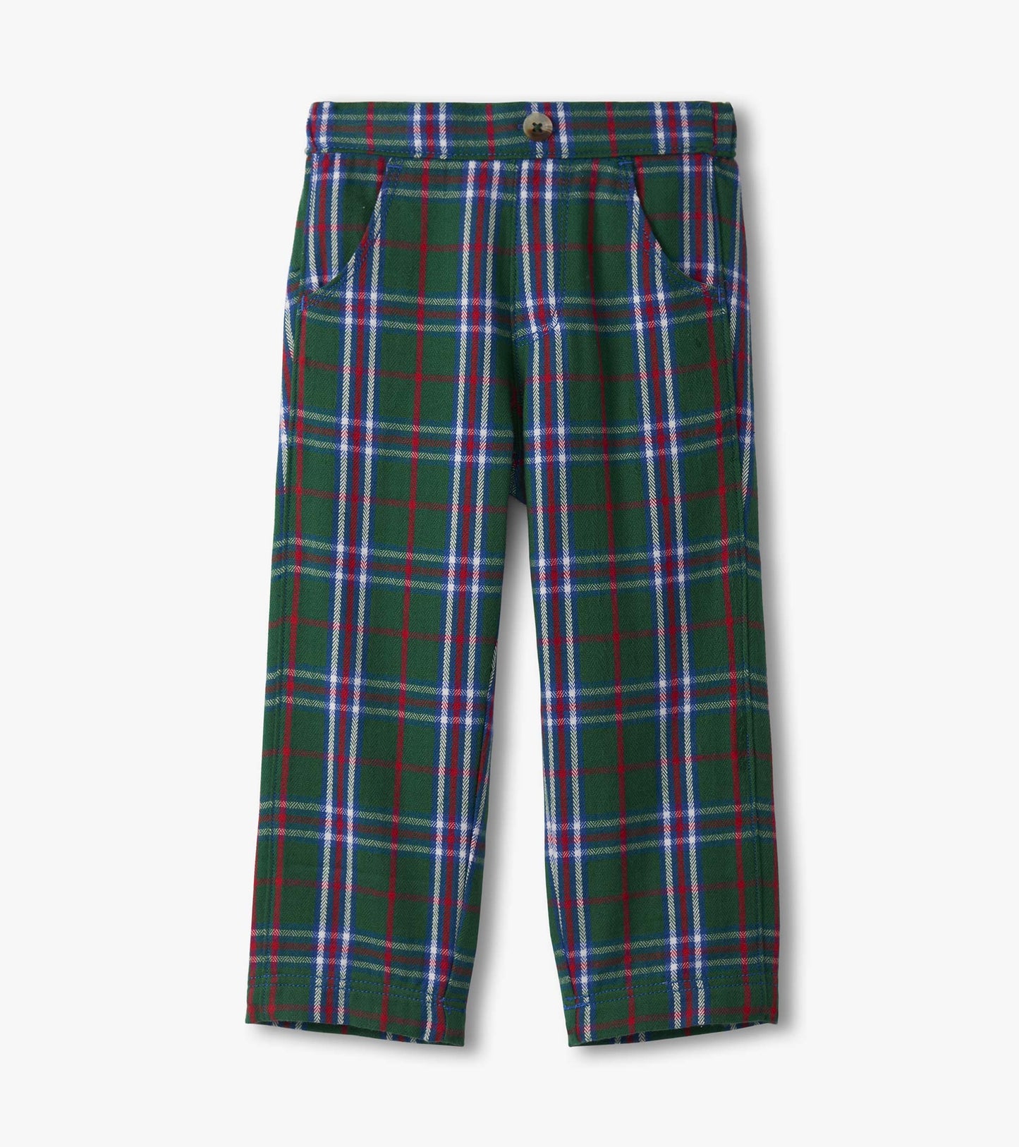 Green plaid straight leg pants featuring red and blue accents, designed for baby and toddler boys.
