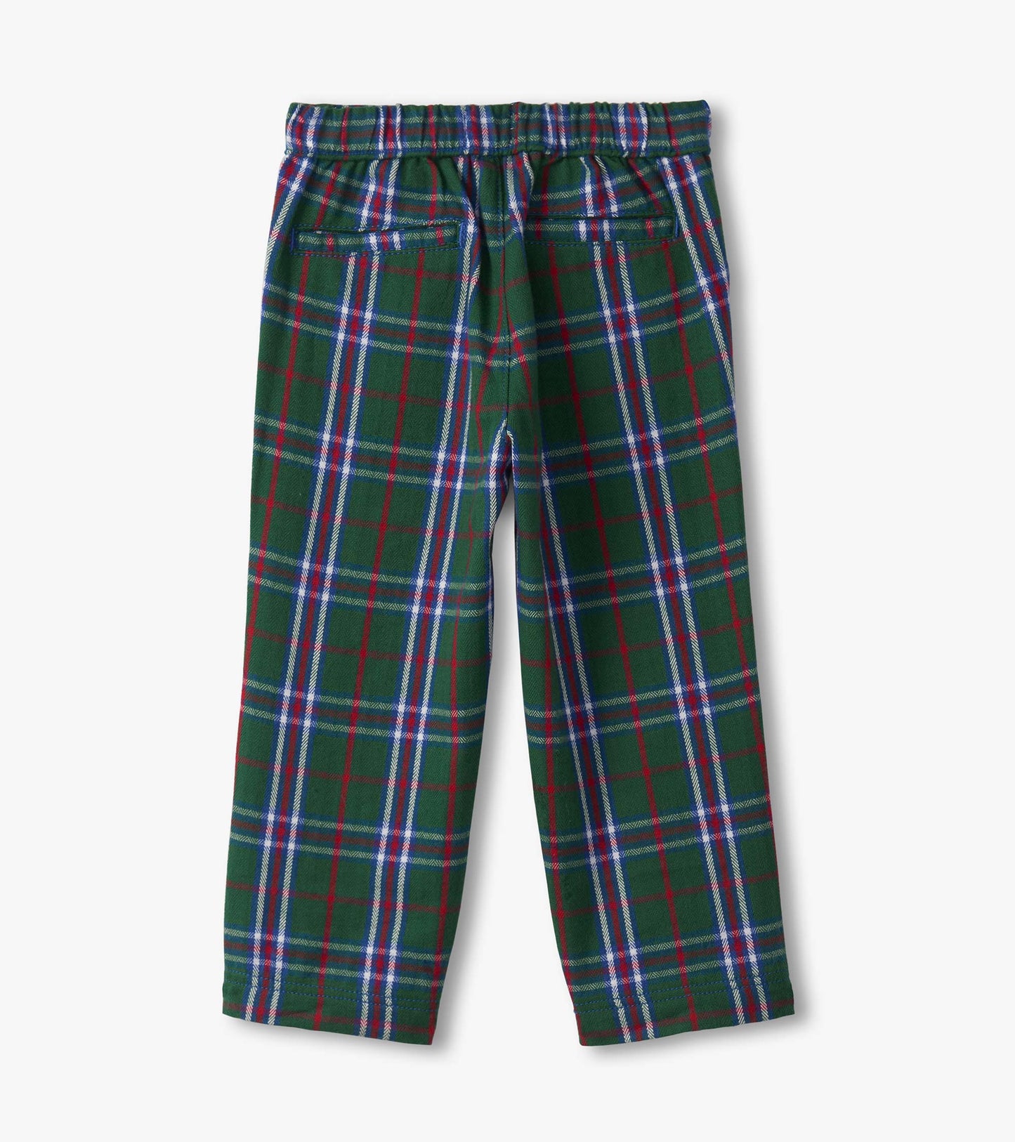 Green plaid straight leg pants for baby and toddler boys, featuring a comfortable elastic waistband and back pockets.