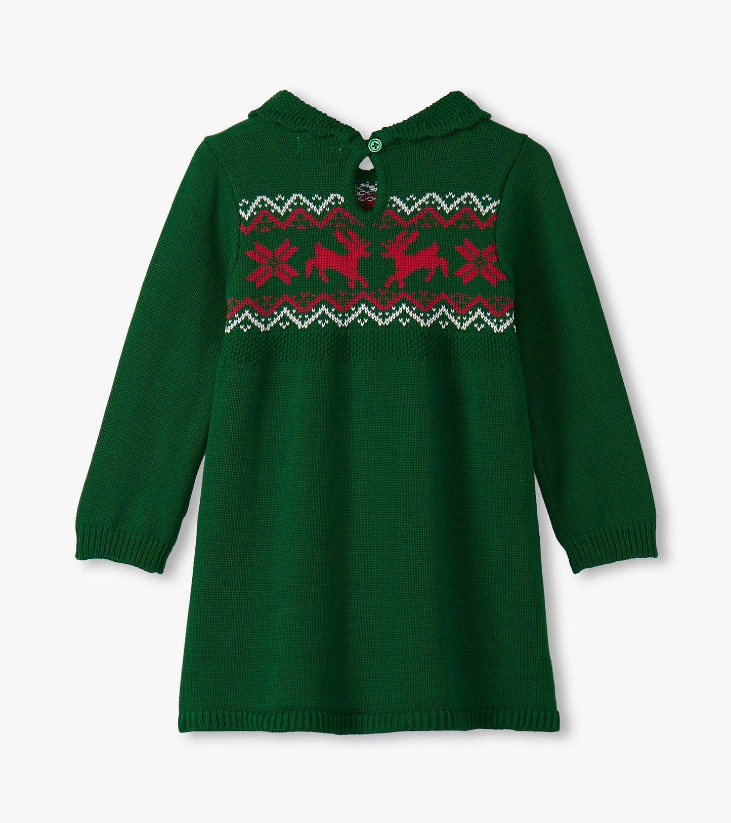 Eden green cable knit sweater dress with a festive red and white reindeer pattern and a button closure at the back.
