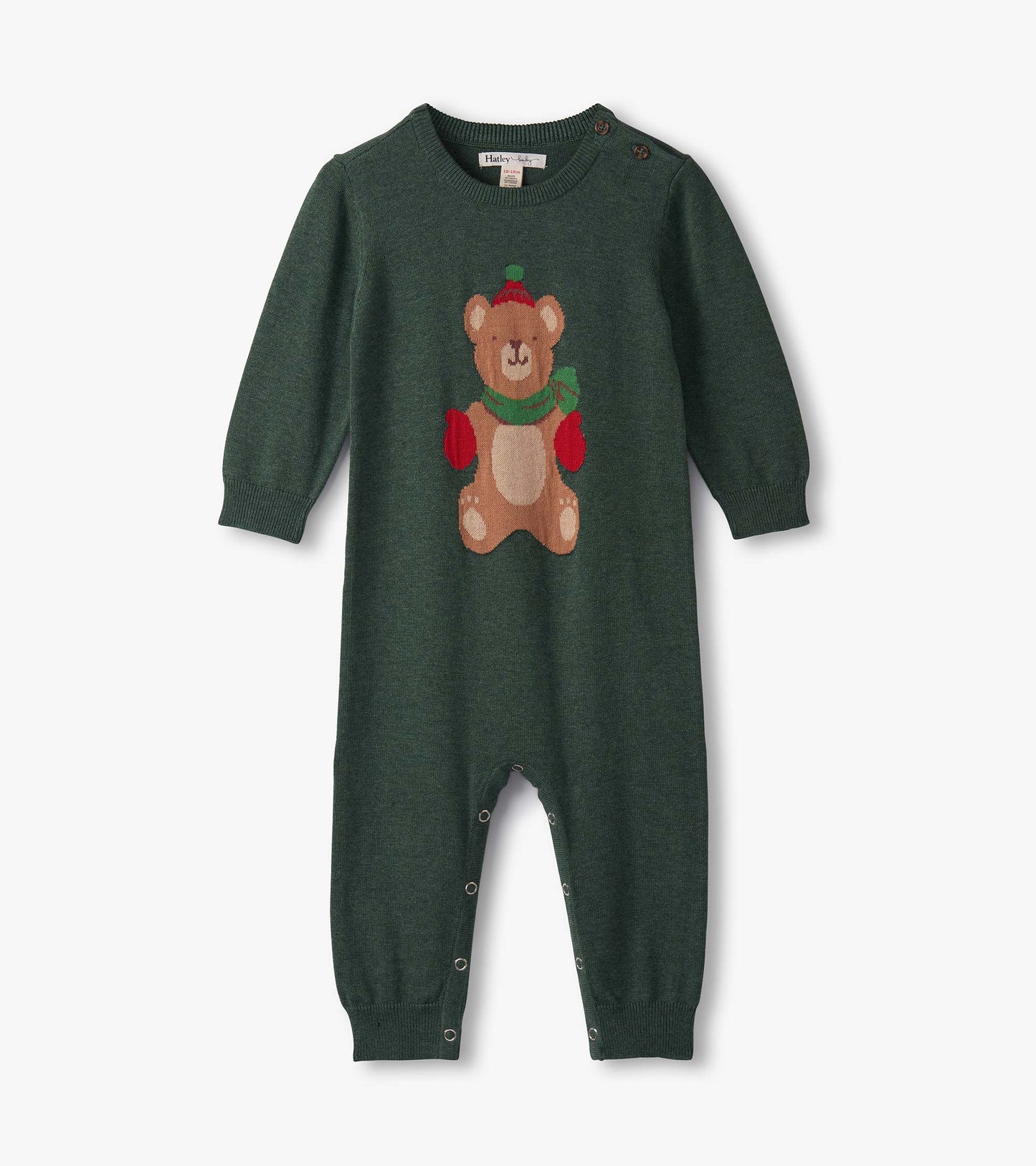 Green knitted romper featuring a teddy bear design, long sleeves, and snap closures at the bottom for easy dressing.