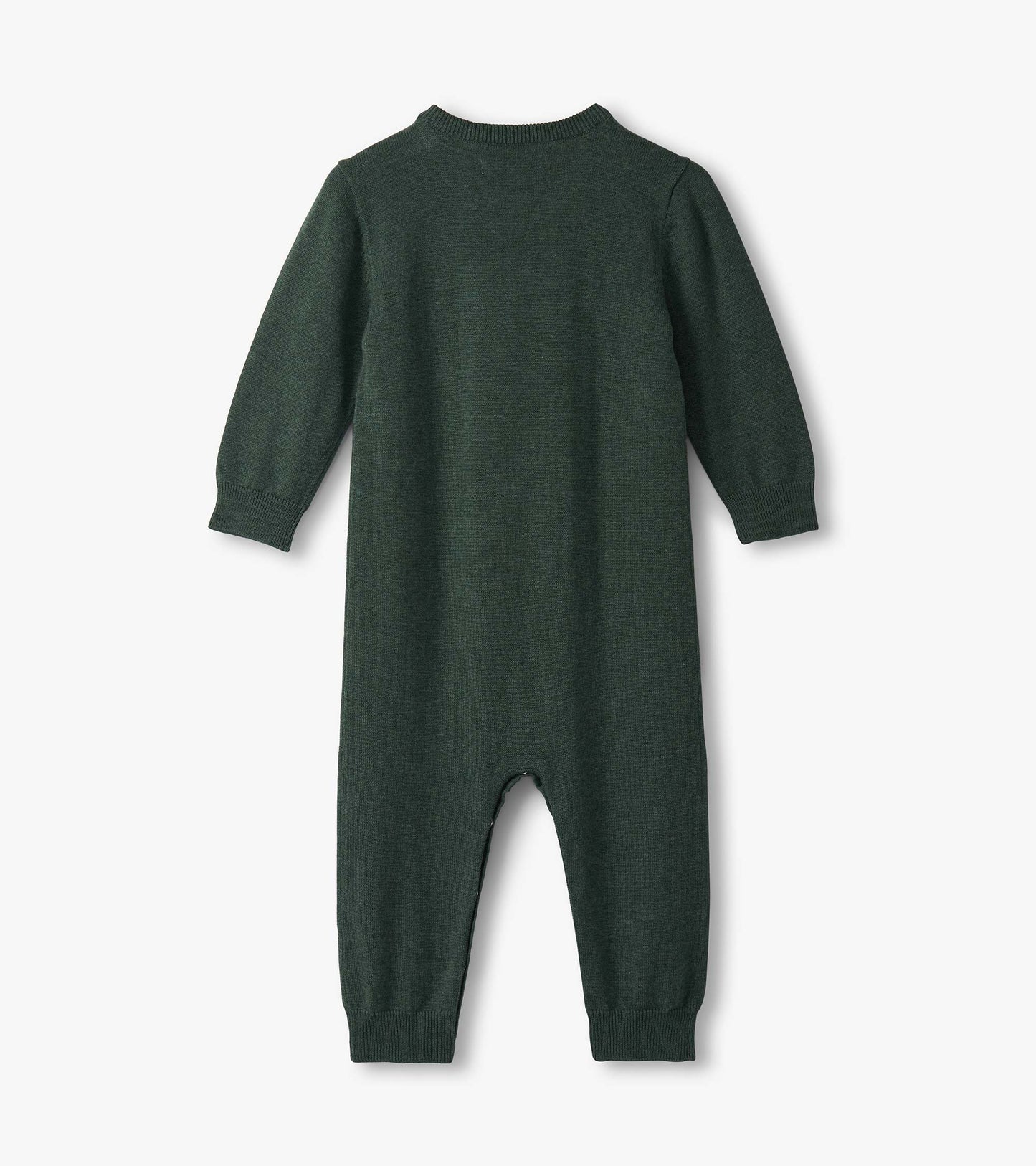 Dark green knitted sweater romper for baby boys with long sleeves and a round neckline.