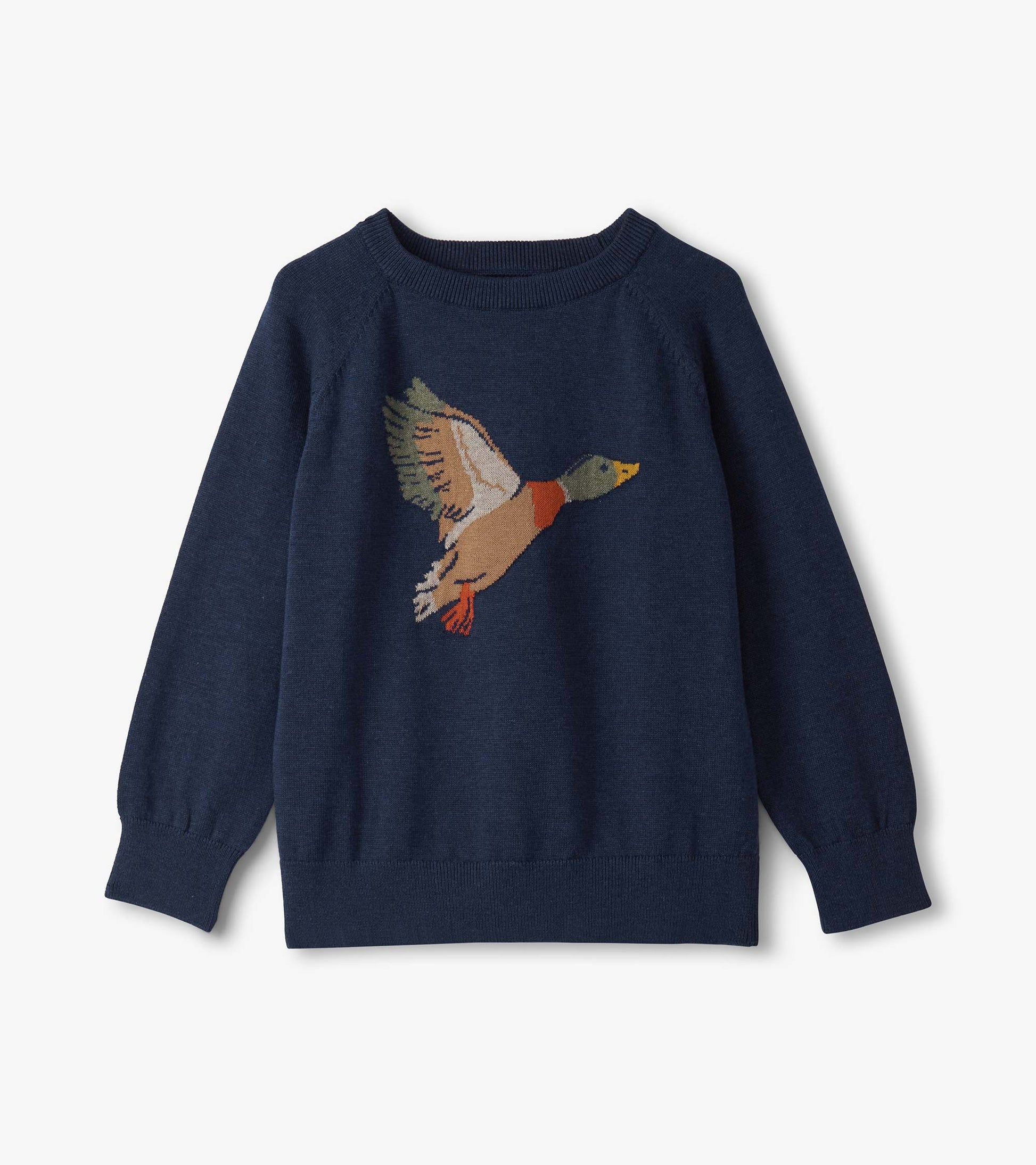 Navy crew neck sweater featuring a colorful flying duck design, suitable for boys.
