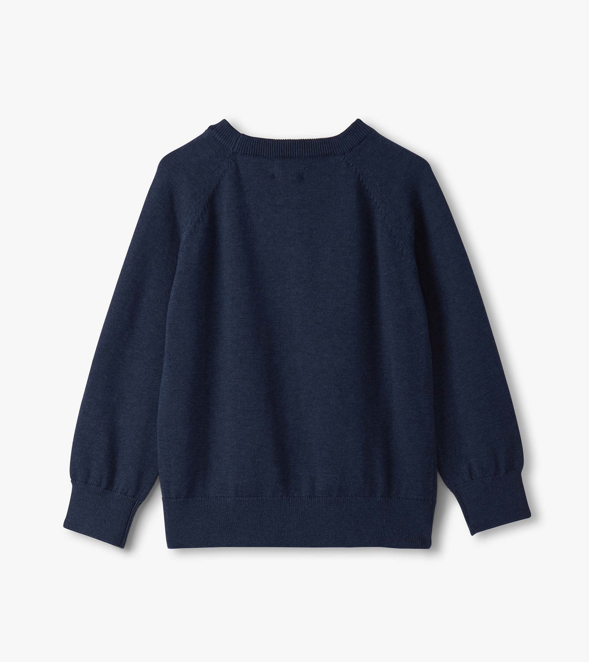 Navy blue crew neck sweater for boys, featuring long sleeves and ribbed cuffs, shown from the back.