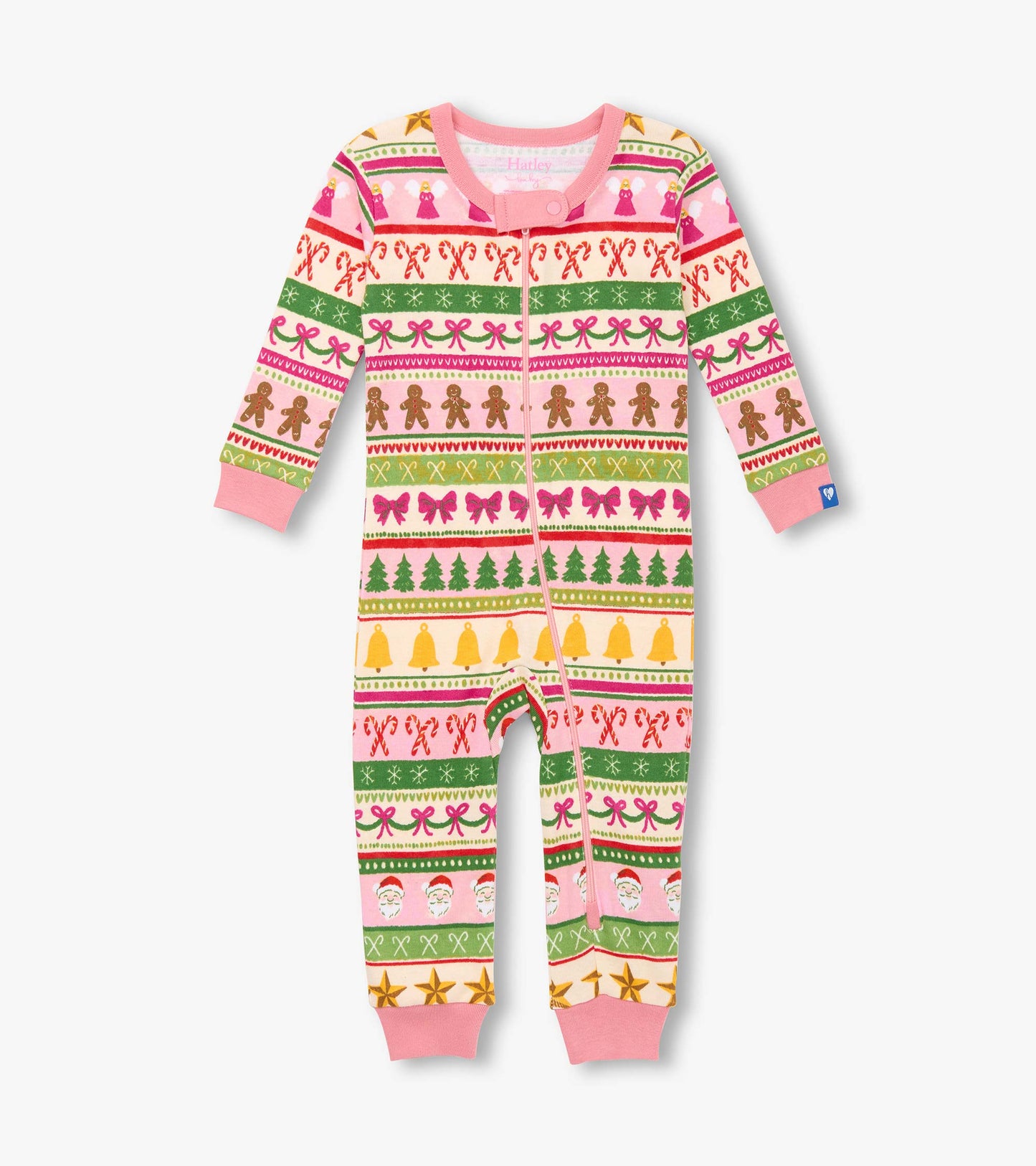 Pink cotton sleeper featuring a fun Fair Isle pattern with gingerbread men, Christmas trees, and festive motifs.