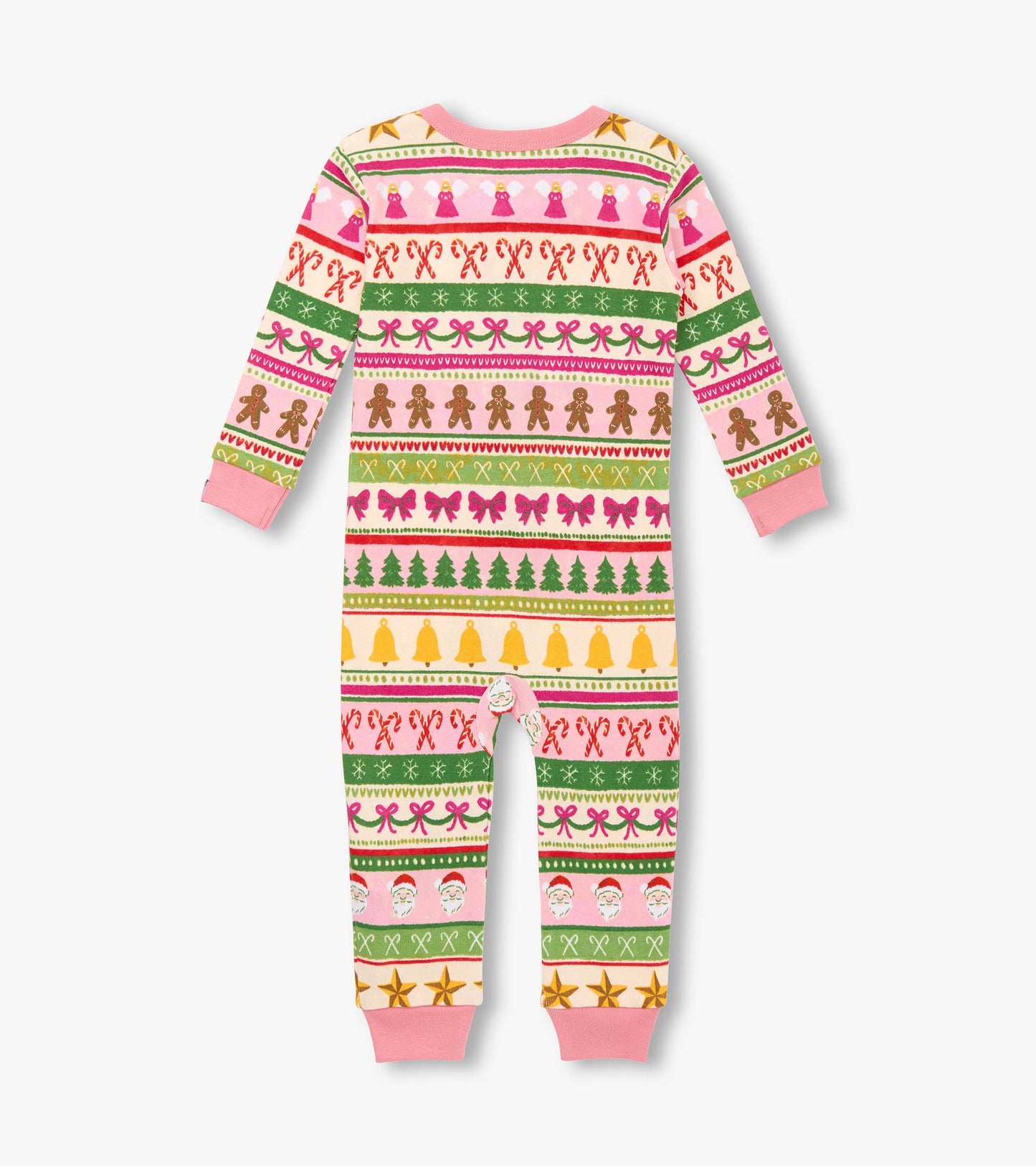 Pink cotton sleeper featuring a fun Fair Isle pattern with gingerbread, bows, trees, and festive elements.