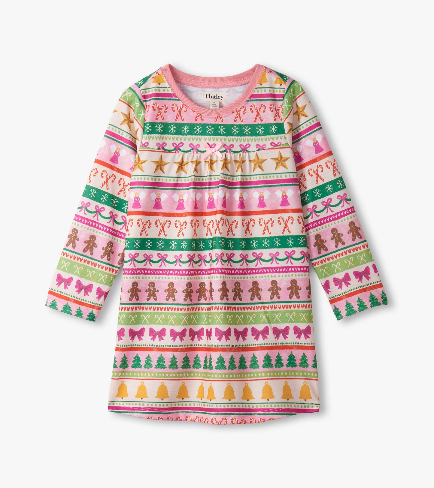 Pink long sleeve nightdress featuring a fun Fair Isle pattern with gingerbread, bows, and Christmas trees.