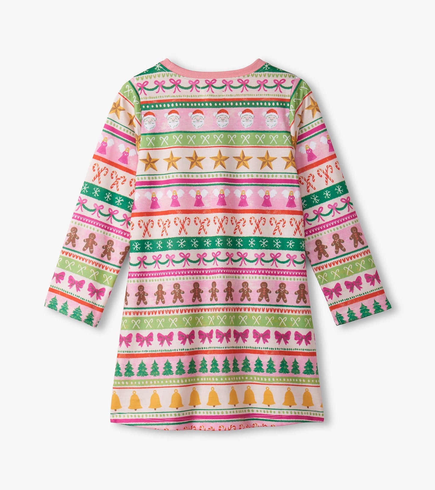 Long sleeve nightdress featuring a pink Fair Isle pattern with festive motifs like gingerbread, bows, and Christmas trees.