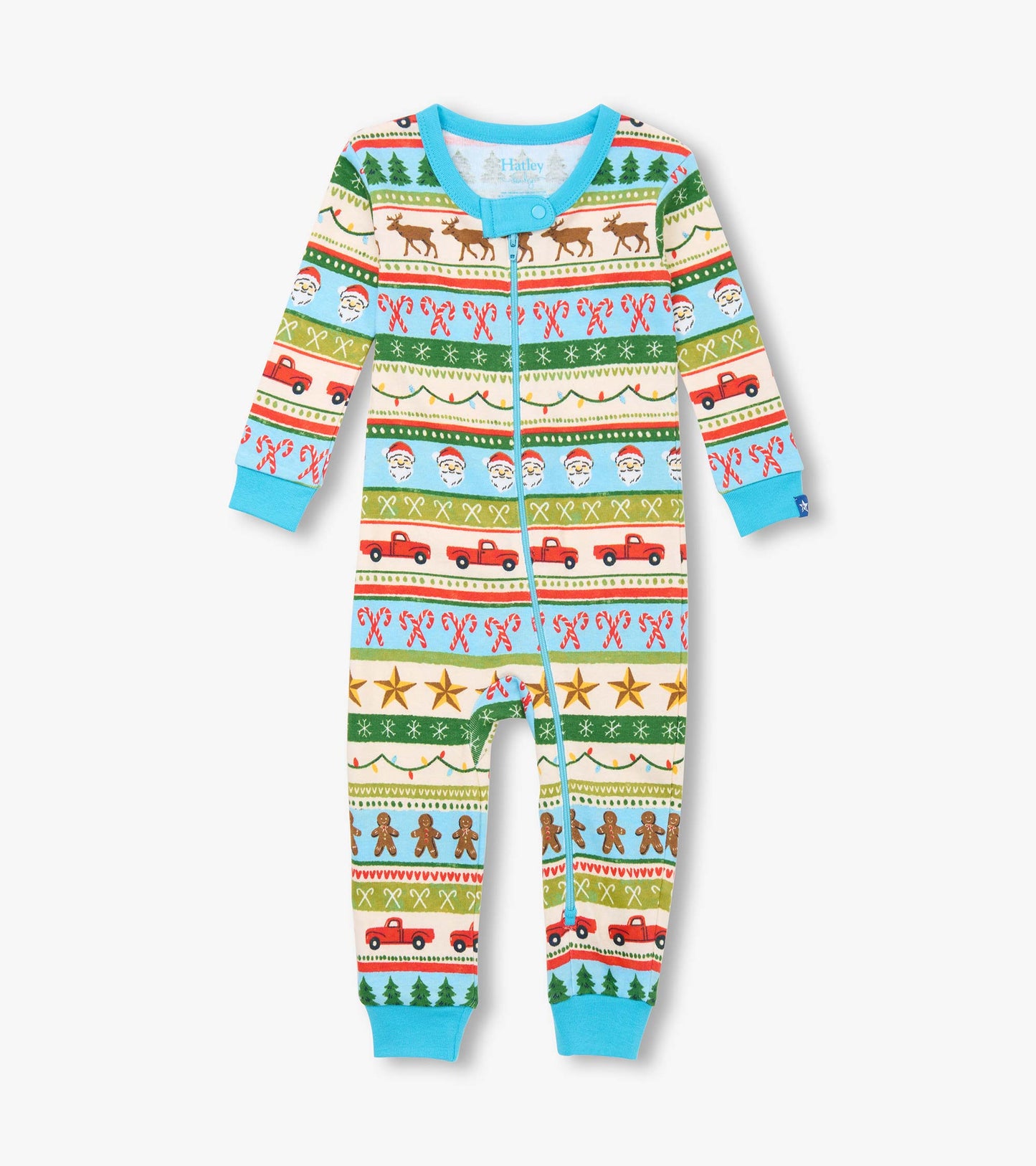 Blue cotton sleeper featuring a festive Fair Isle pattern with reindeer, Santa, and trucks, suitable for baby boys.