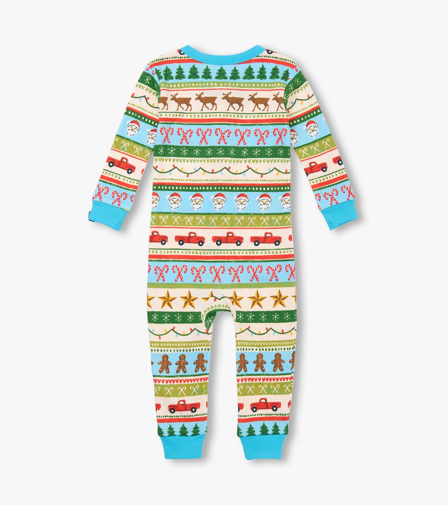 Blue cotton sleeper for baby boys featuring a fun Fair Isle pattern with festive motifs like trees, reindeer, and trucks.