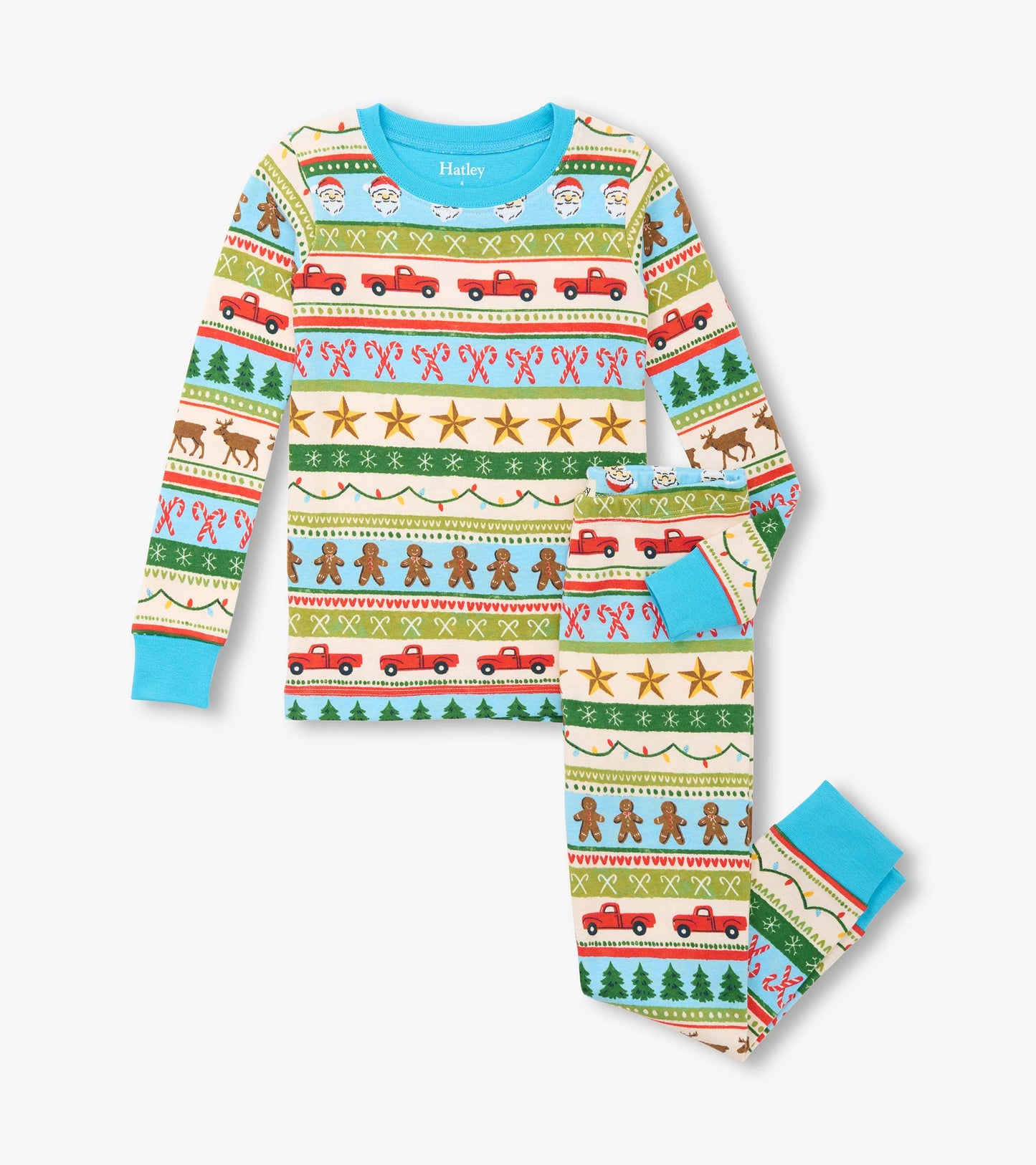 Blue cotton pajama set featuring a festive Fair Isle pattern with Santa, trees, and gingerbread men.