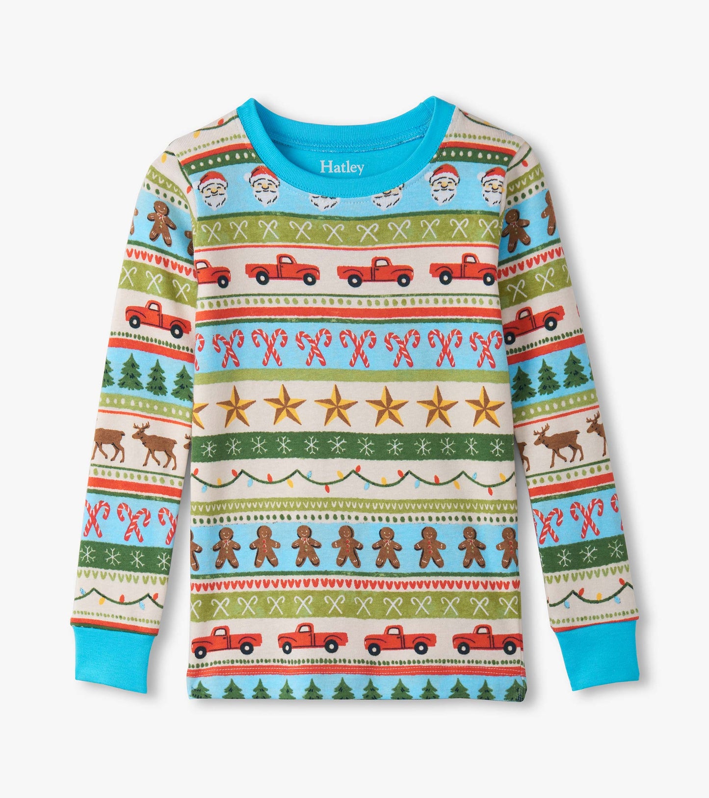 Boys' blue cotton pajama top featuring a festive Fair Isle pattern with trucks, trees, and holiday motifs.