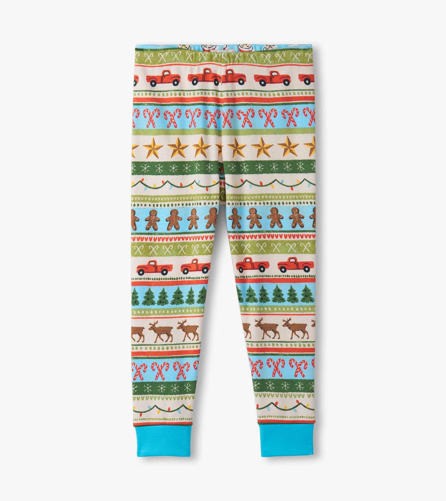 Boys' blue cotton pajama set featuring a colorful Fair Isle pattern with trucks, trees, and festive motifs.