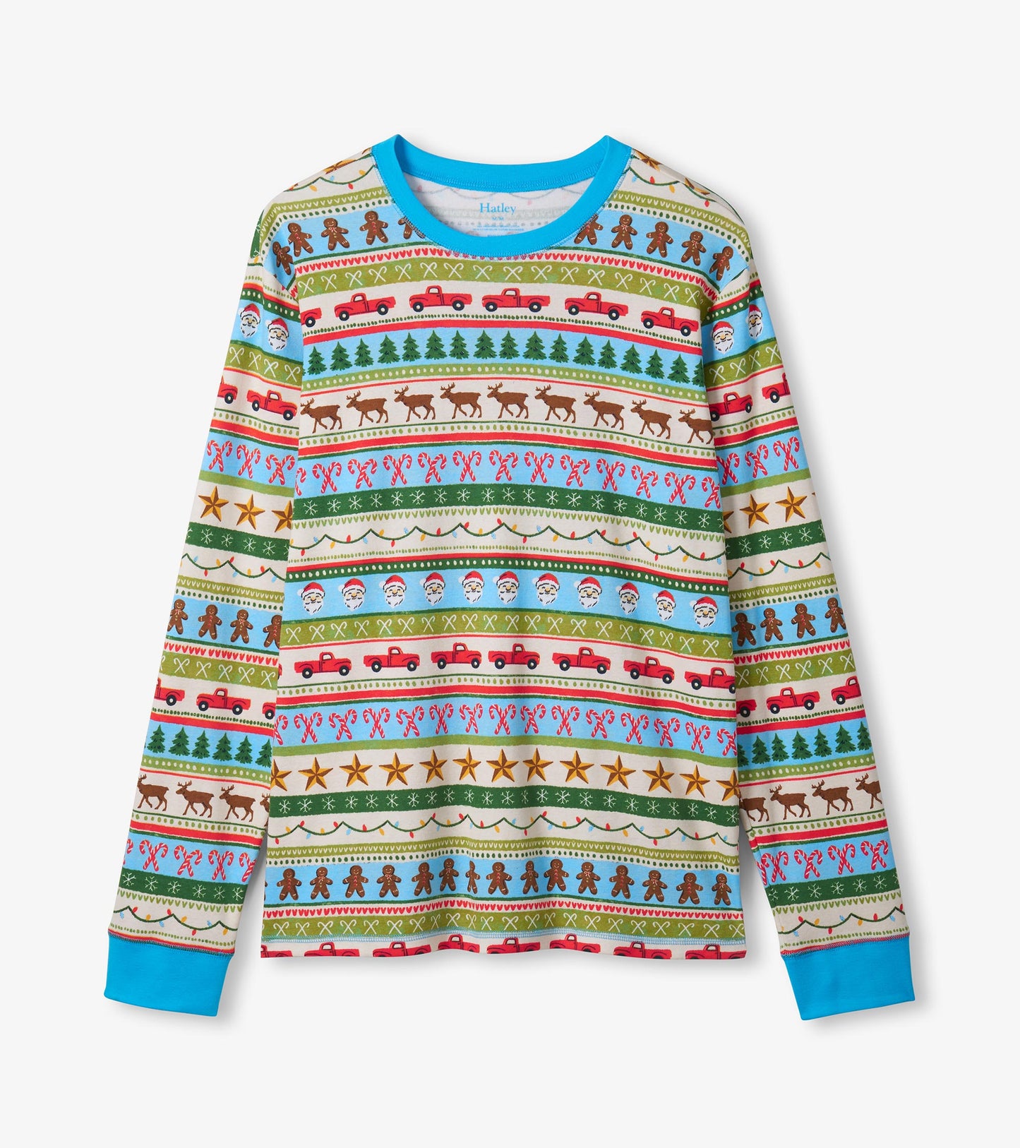 Men's long-sleeve pajama top in blue with a festive Fair Isle pattern featuring reindeer, trees, and gingerbread motifs.