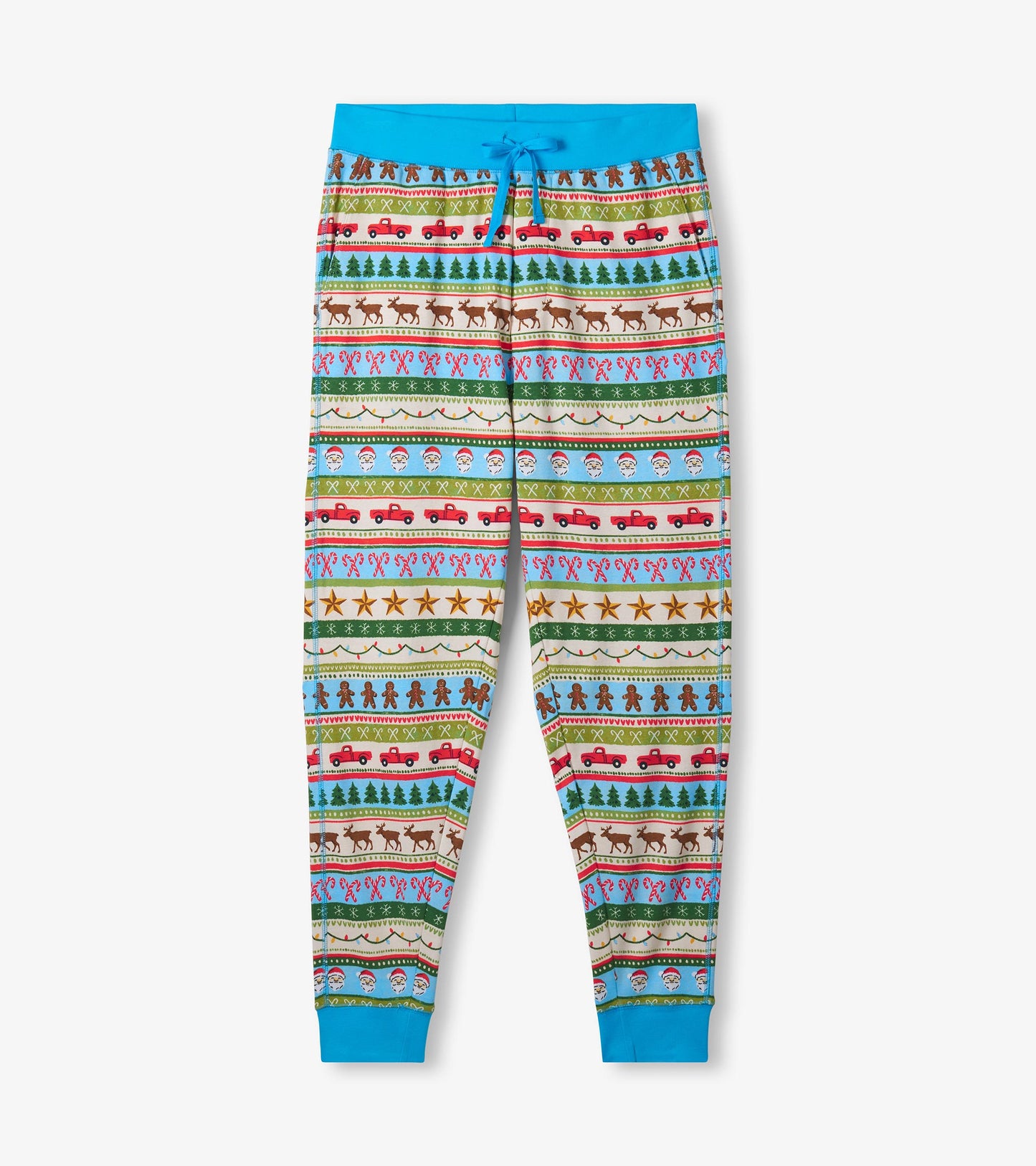 Men's blue cotton pajama set featuring a colorful Fair Isle pattern with festive motifs and a drawstring waist.