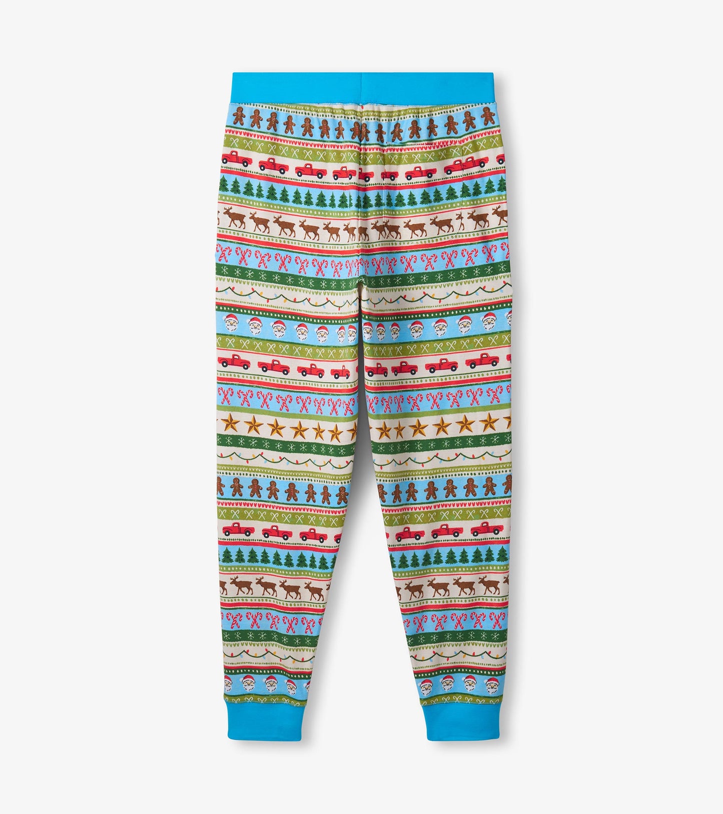 Men's blue cotton pajama set featuring a colorful Fair Isle pattern with festive motifs and elastic waistband.