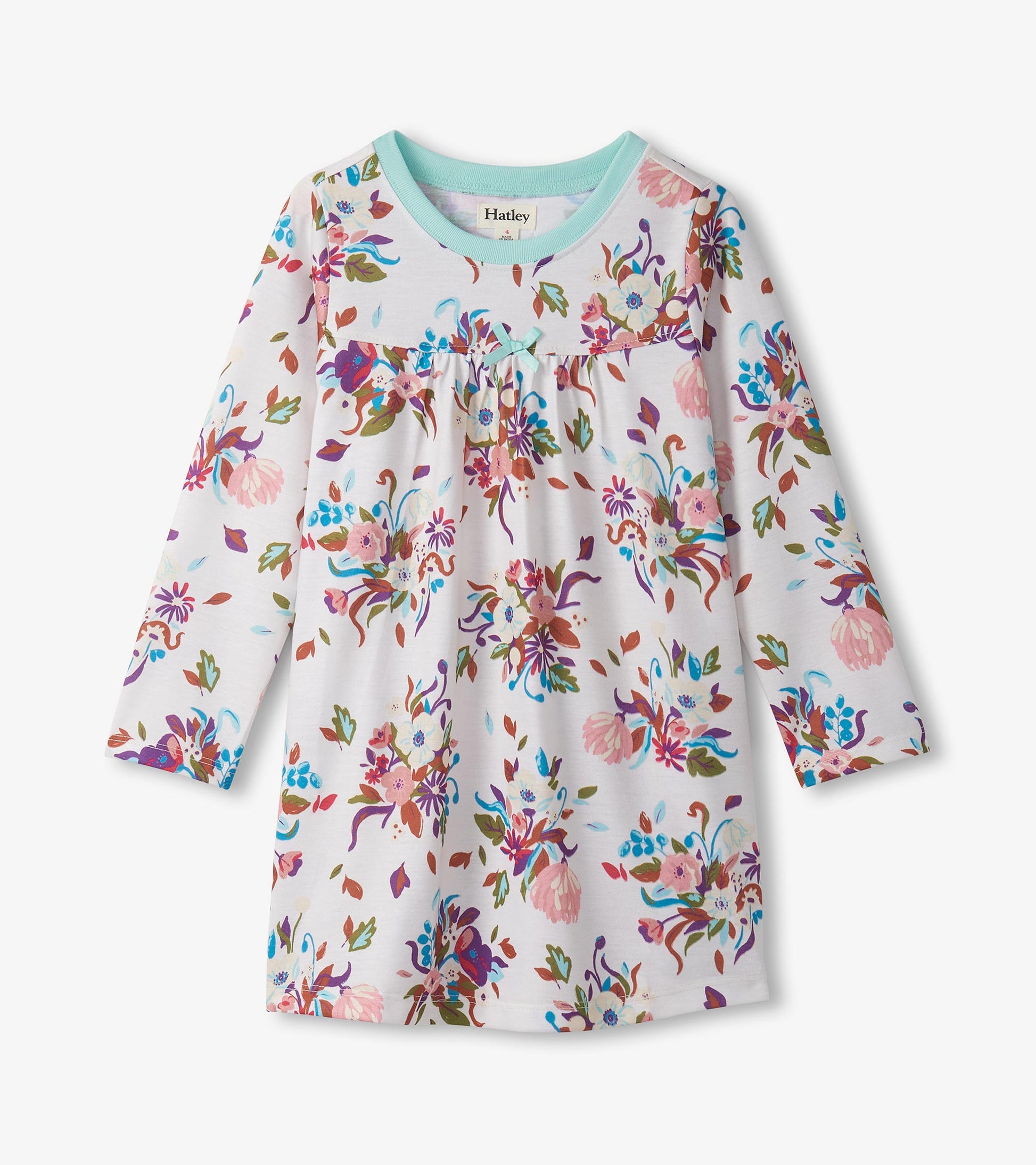 Long sleeve nightdress featuring a white base with colorful floral patterns and a light blue neckline.