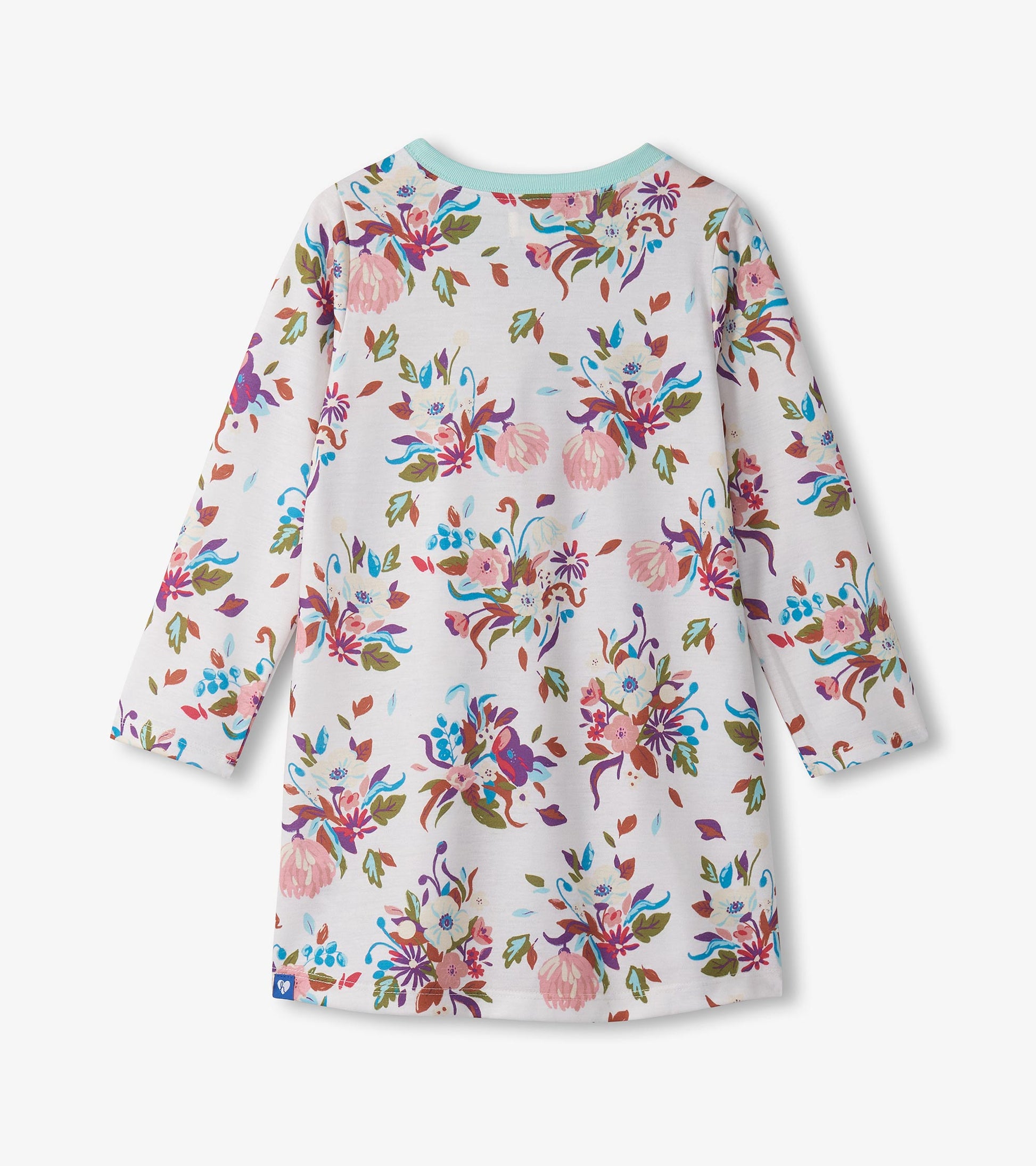 Long sleeve nightdress featuring a colorful floral pattern on a light background, with a round neckline.