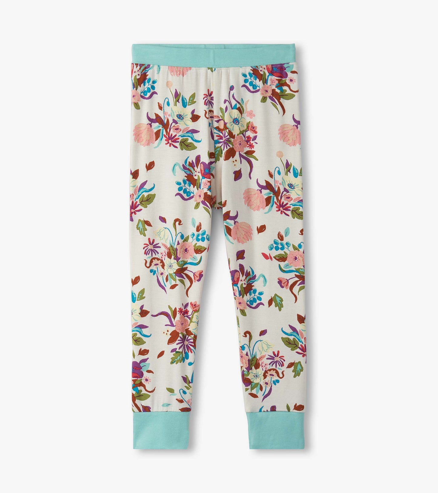 Floral pajama pants in soft bamboo fabric, featuring a colorful flower pattern and light blue cuffs and waistband.