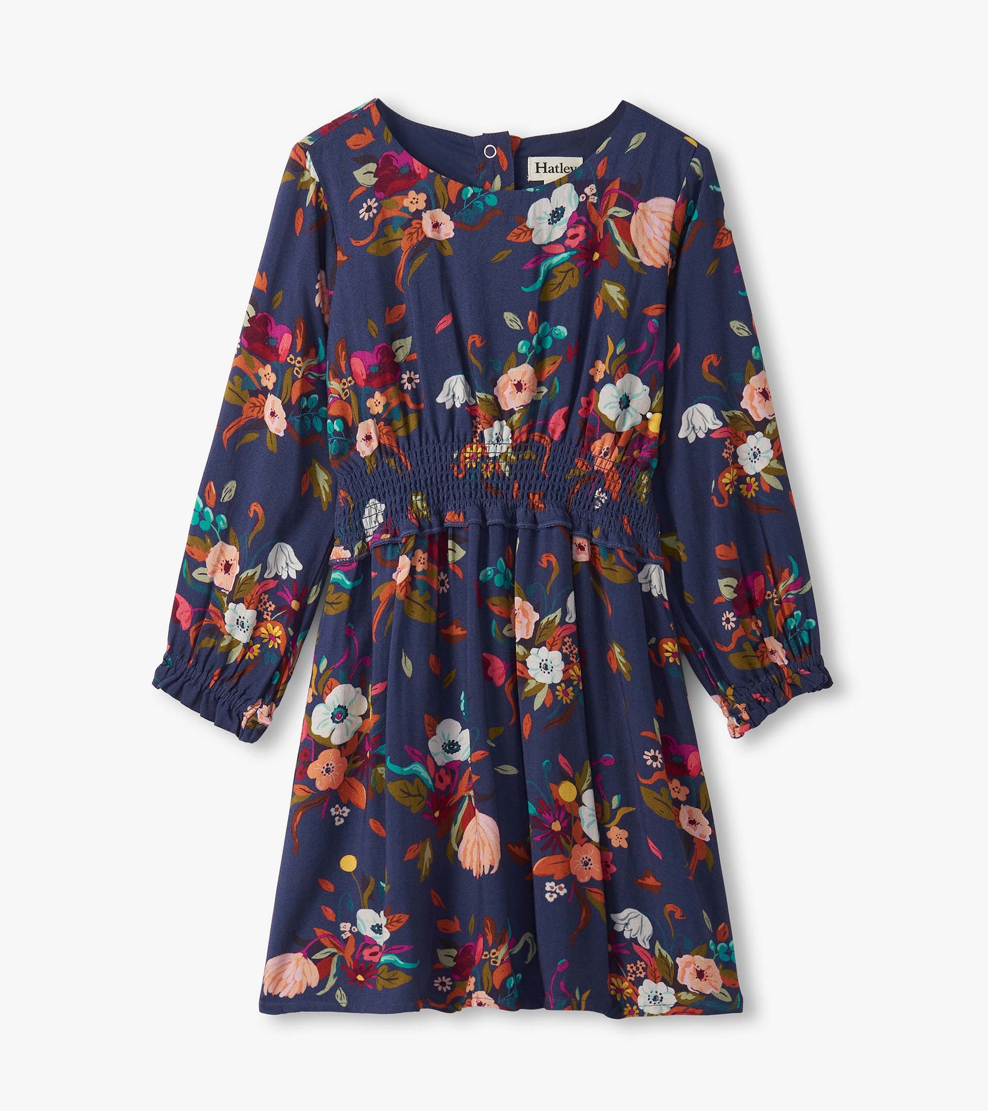 Navy dress with long sleeves, floral pattern, and smocked waist, suitable for special events.