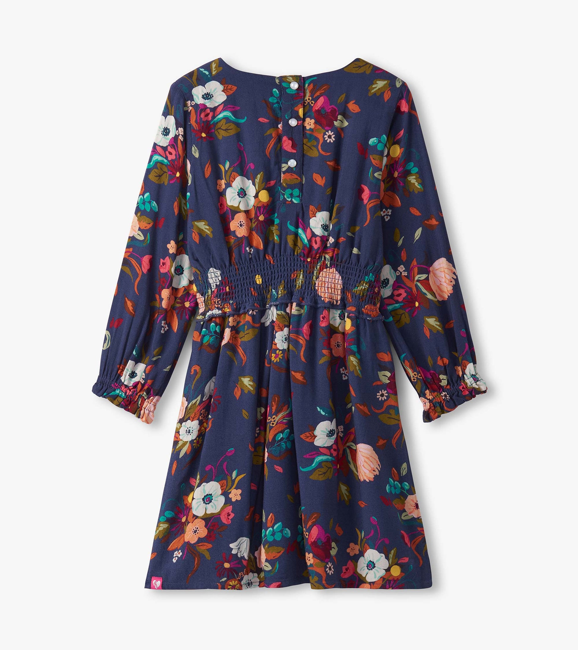 Navy floral dress with long sleeves, smocked waist, and colorful flower patterns, suitable for special events.