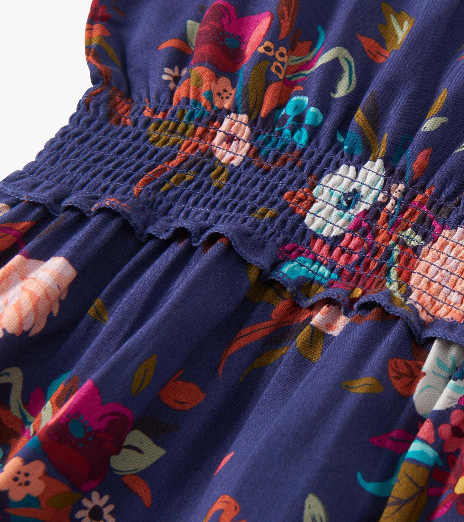 Navy dress with colorful floral pattern and smocked bodice, suitable for special events.