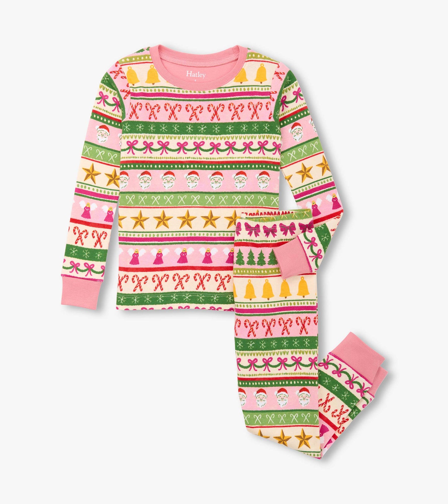Pink cotton pajama set featuring a festive Fair Isle pattern with Santa, candy canes, and holiday motifs.