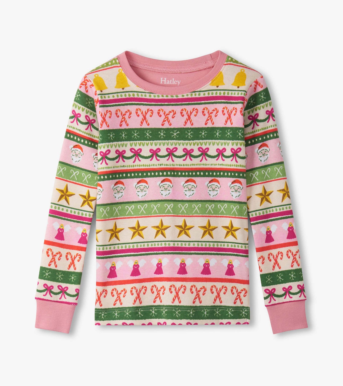 Pink long-sleeve pajama top featuring a festive Fair Isle pattern with Santa, stars, and candy canes.