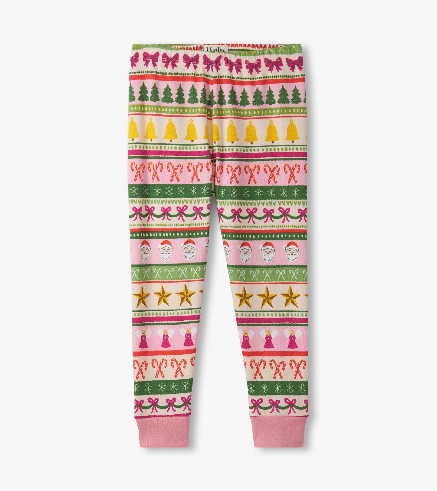 Girls' pink cotton pajama set featuring a fun Fair Isle pattern with bows, trees, bells, and candy canes.