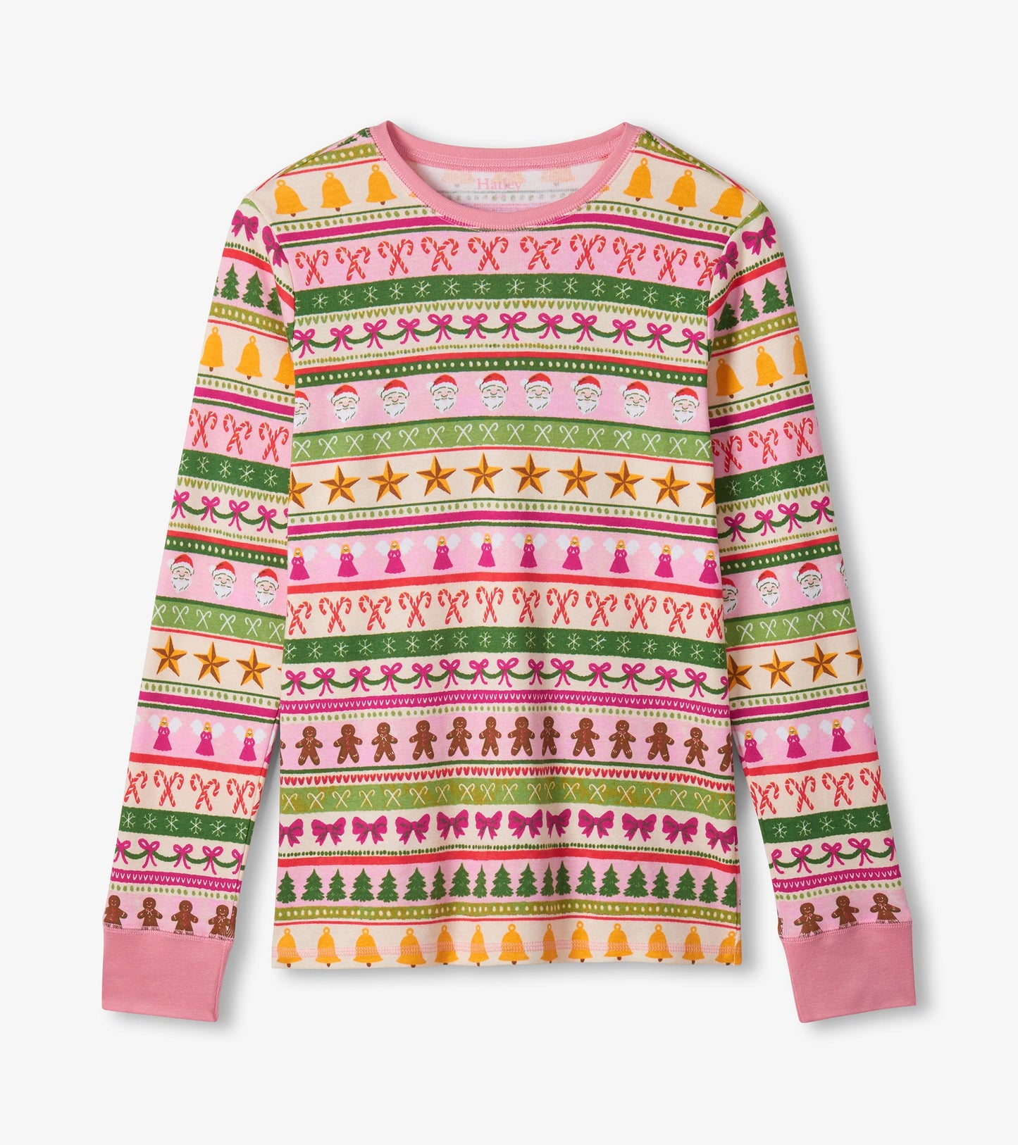 Long-sleeve pink pajama top featuring a colorful Fair Isle pattern with festive motifs like candy canes and Christmas trees.