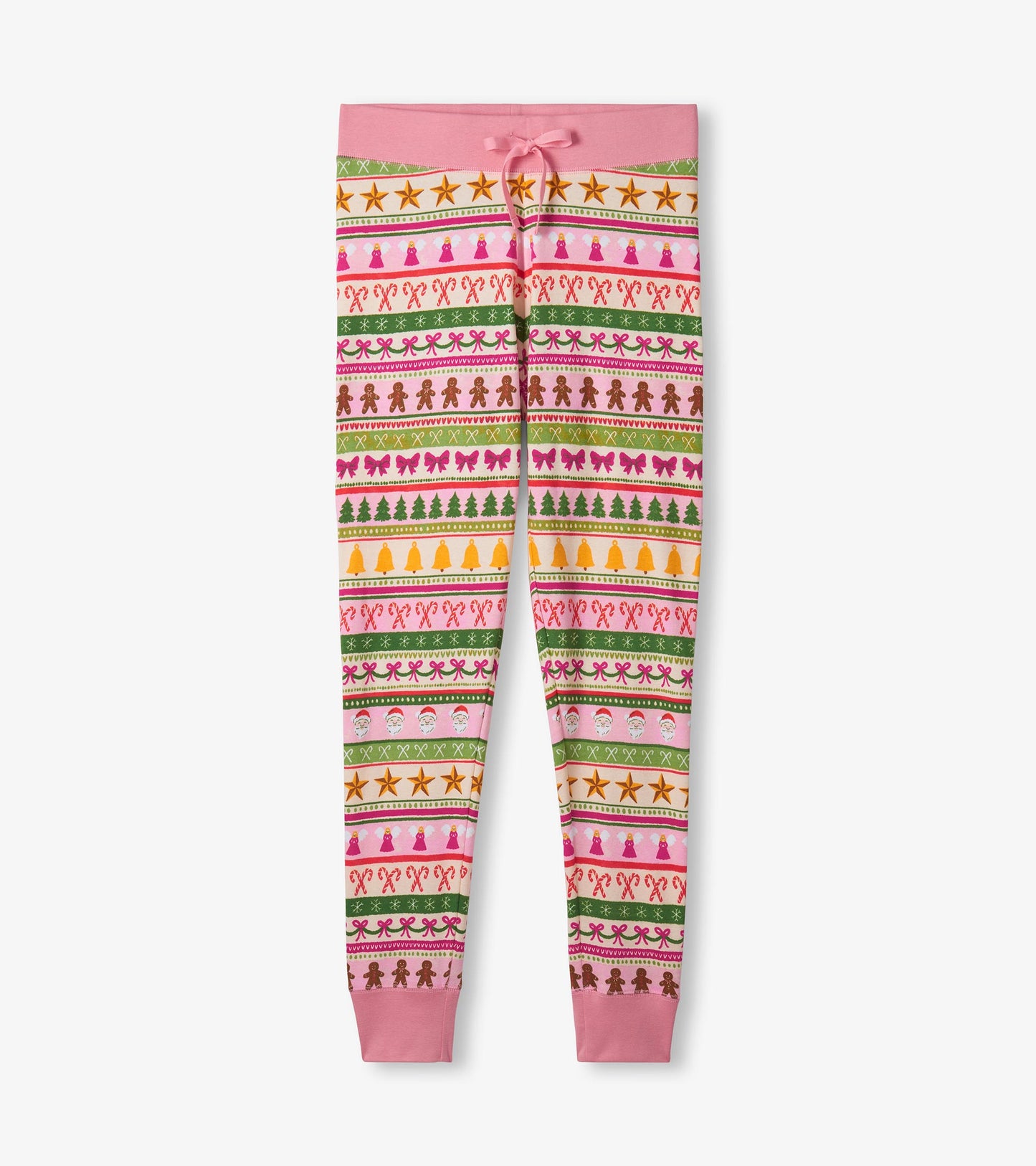 Pink cotton pajama pants featuring a colorful Fair Isle pattern with festive motifs and a drawstring waist.