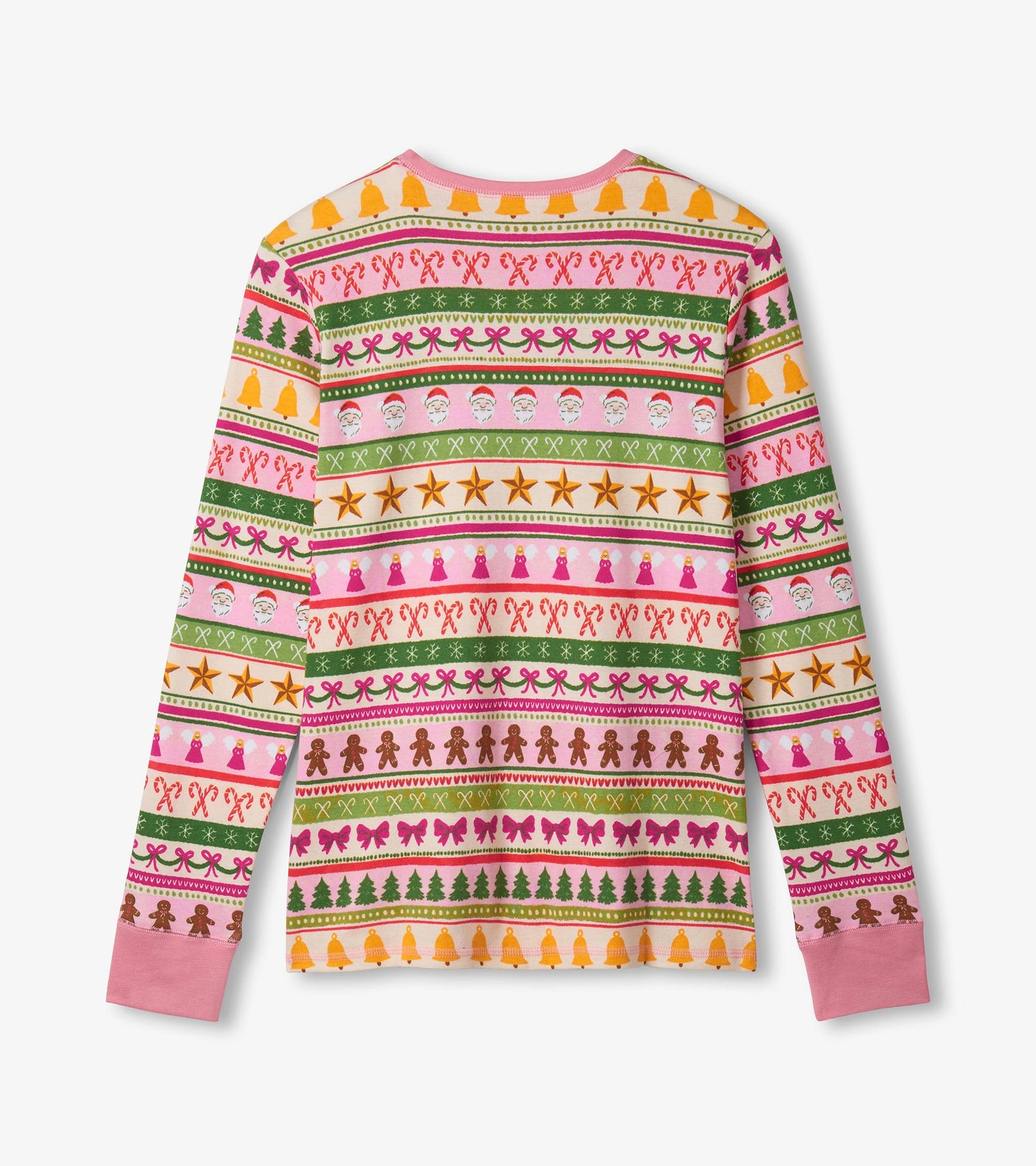 Pink cotton pajama set featuring a fun Fair Isle pattern with festive motifs like Santa, trees, and candy canes.