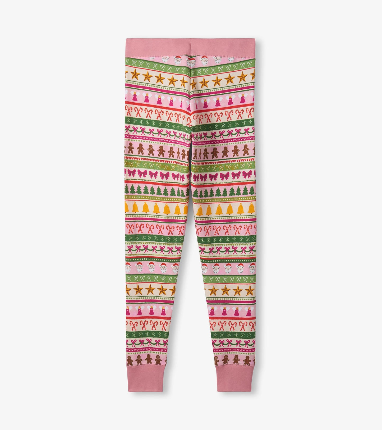 Women's pink cotton pajama bottoms featuring a fun Fair Isle pattern with festive motifs in various colors.