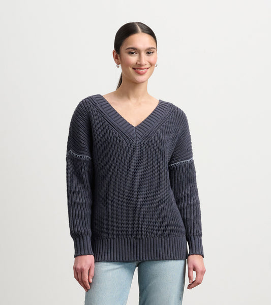 Faded grey V-neck slouchy sweater with ribbed hem and textured knit, worn with light blue jeans.