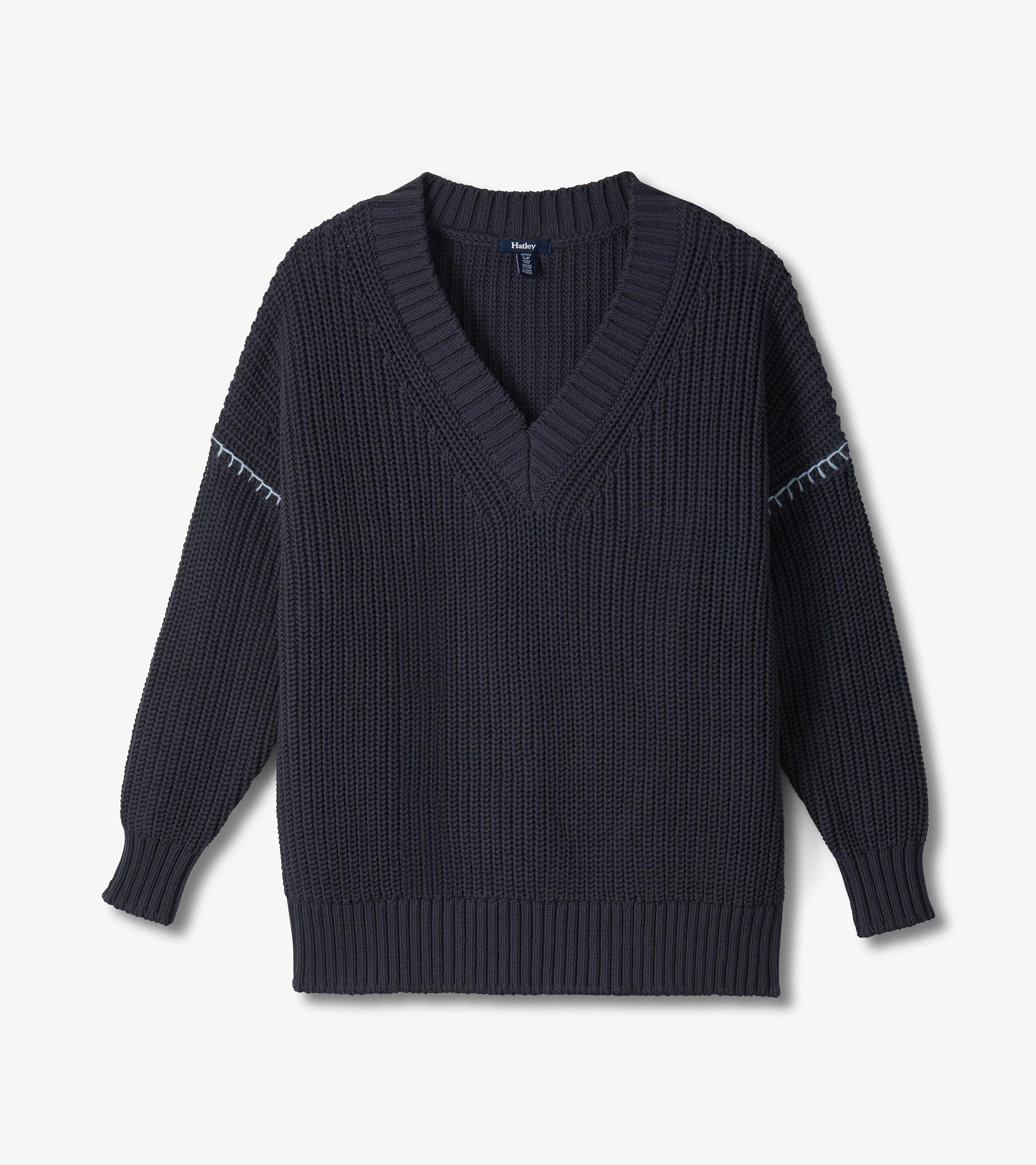 Faded grey V-neck slouchy sweater with a textured knit pattern and ribbed cuffs and hem.