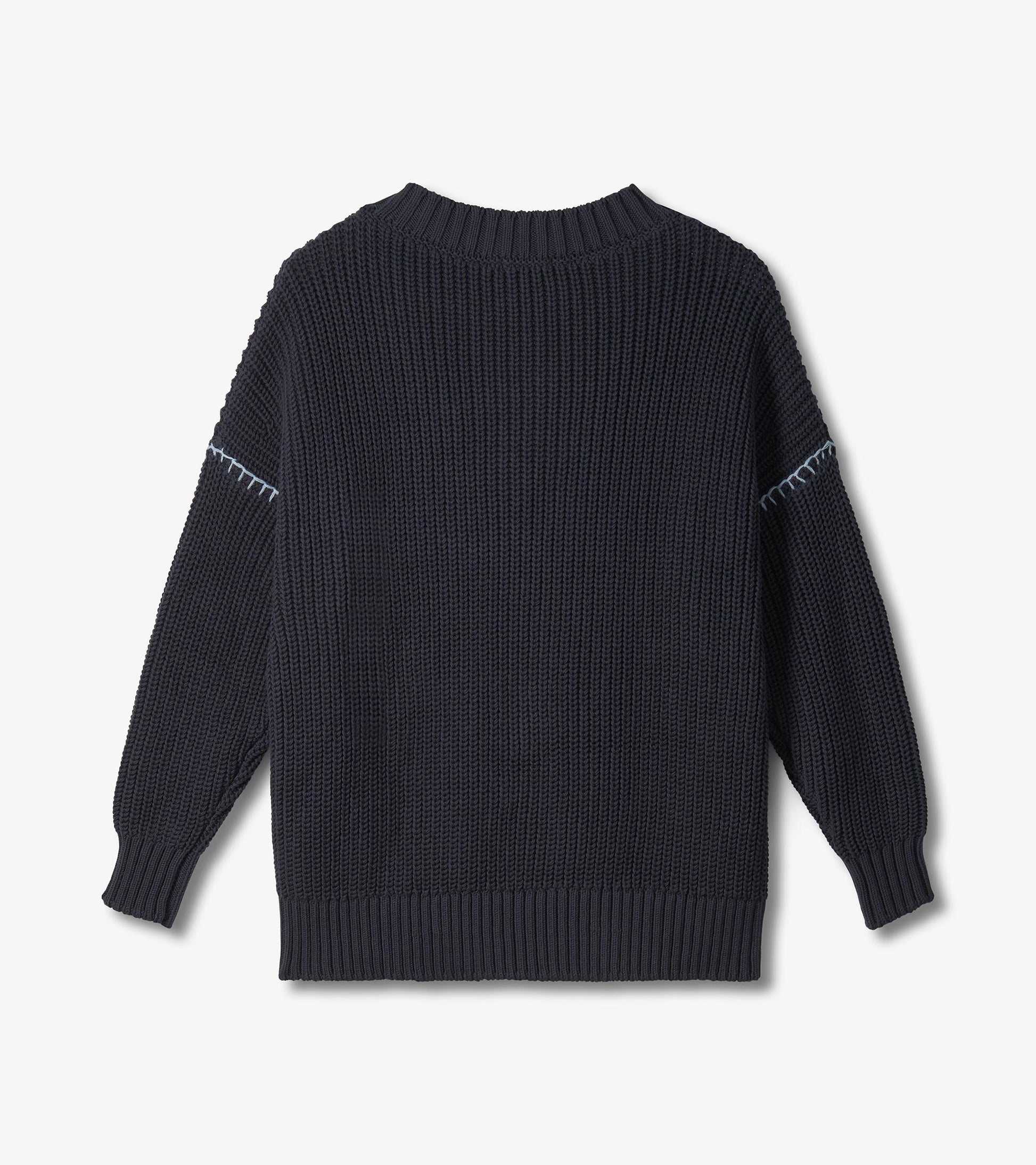 Faded grey V-neck slouchy sweater with a textured knit and ribbed cuffs, shown from the back.