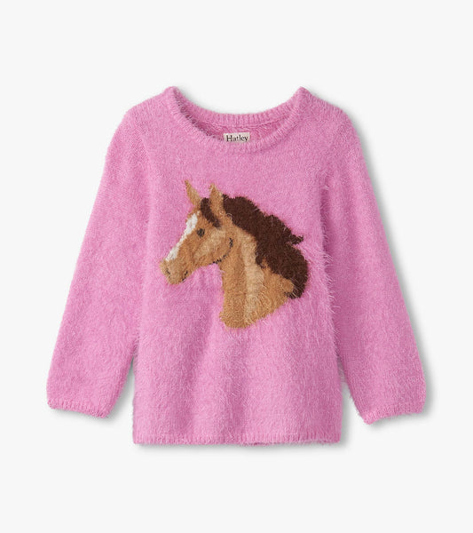 Pink fuzzy sweater featuring a textured horse design on the front, with long sleeves and a round neckline.