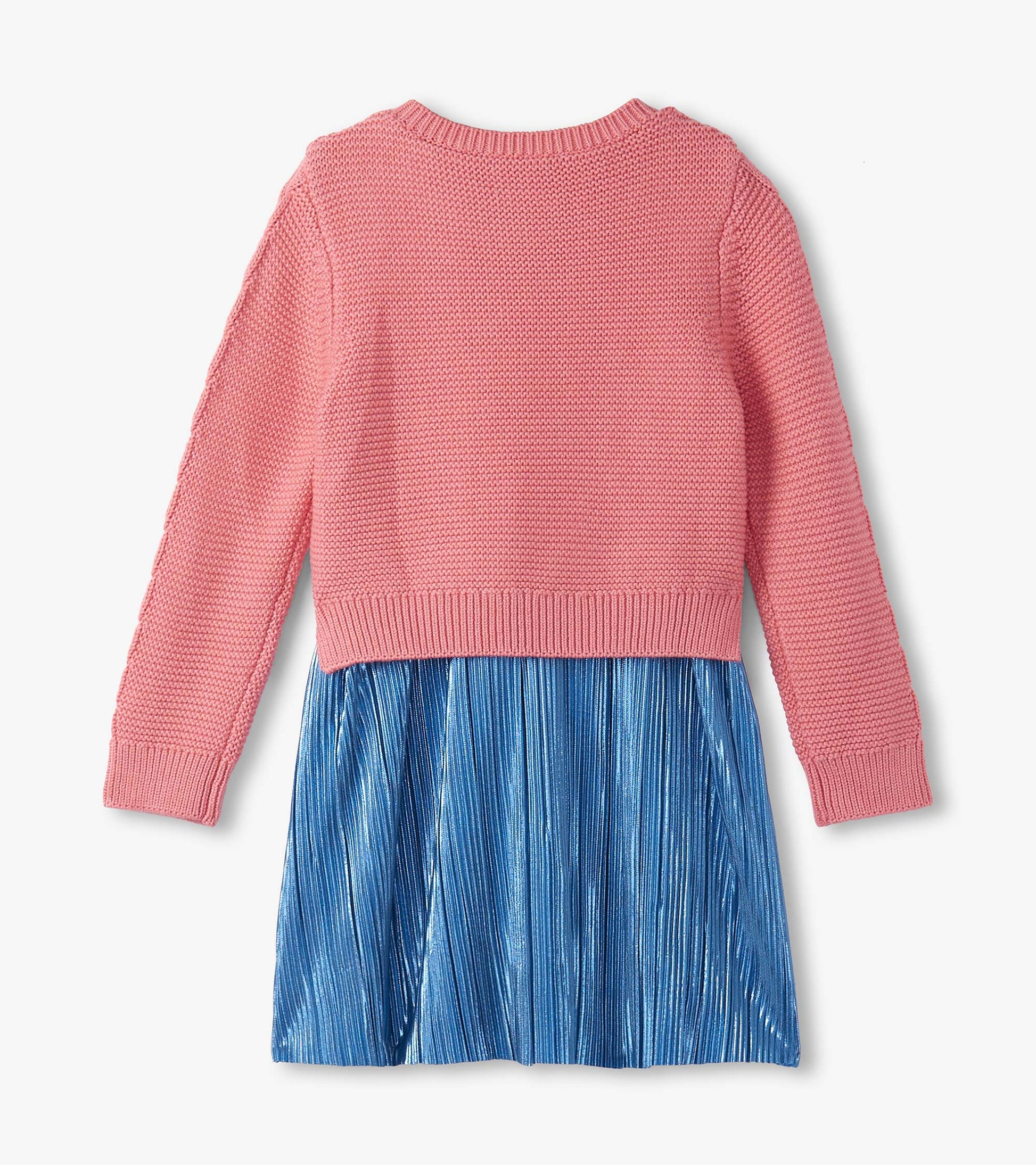 Flamingo pink knit top with long sleeves, paired with a pleated blue metallic skirt. Back view of the dress.