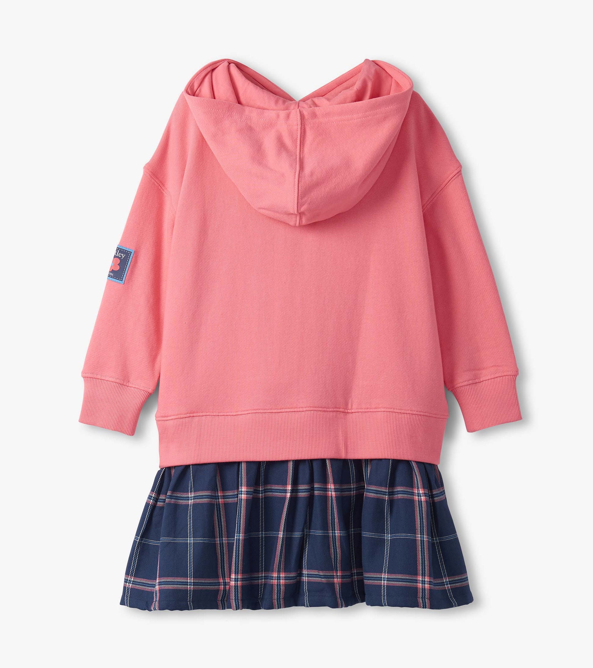 Pink hooded top with a navy plaid pleated skirt, designed for girls.