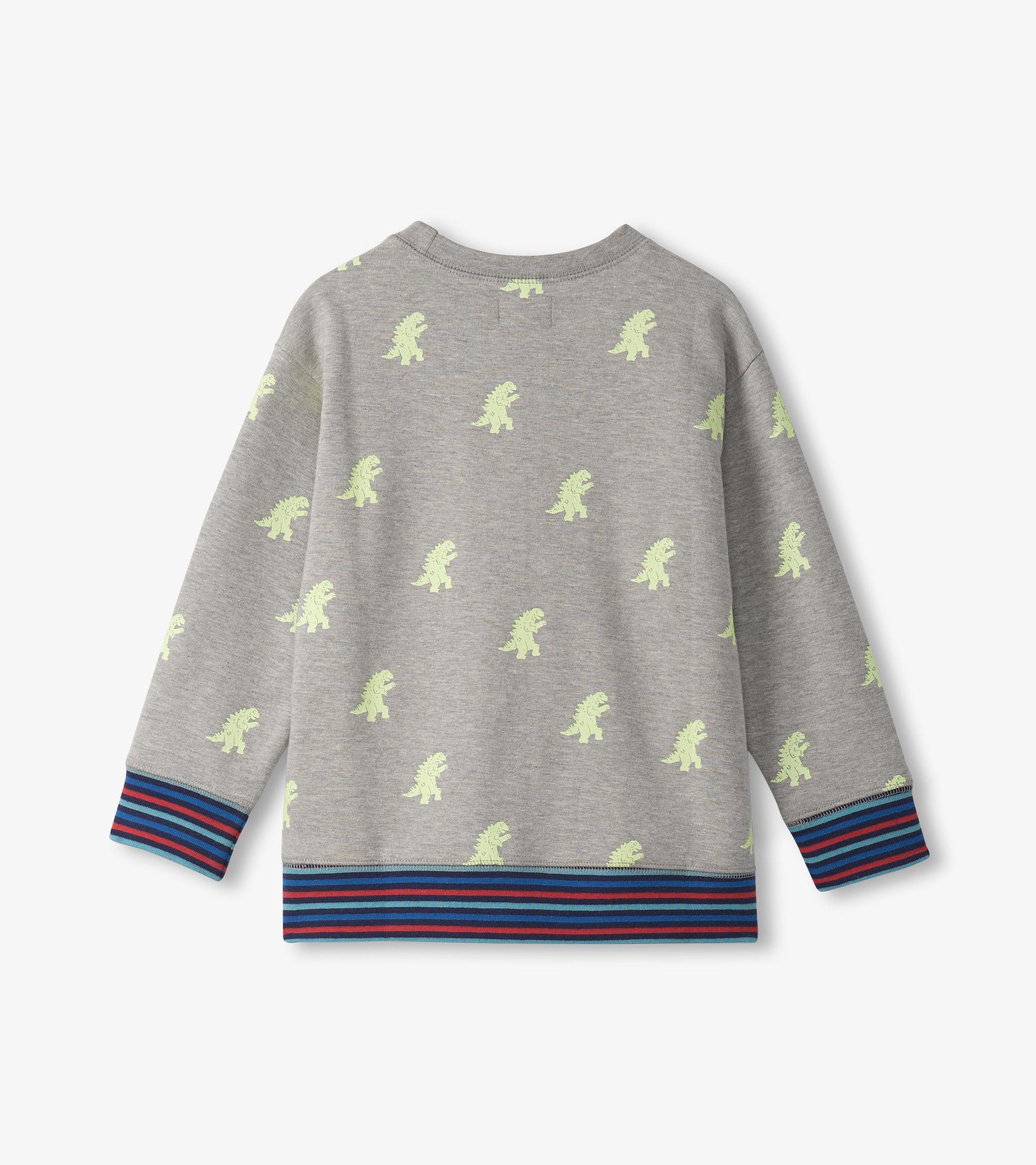 Gray pullover sweatshirt featuring a dinosaur pattern and striped cuffs in blue, red, and green.