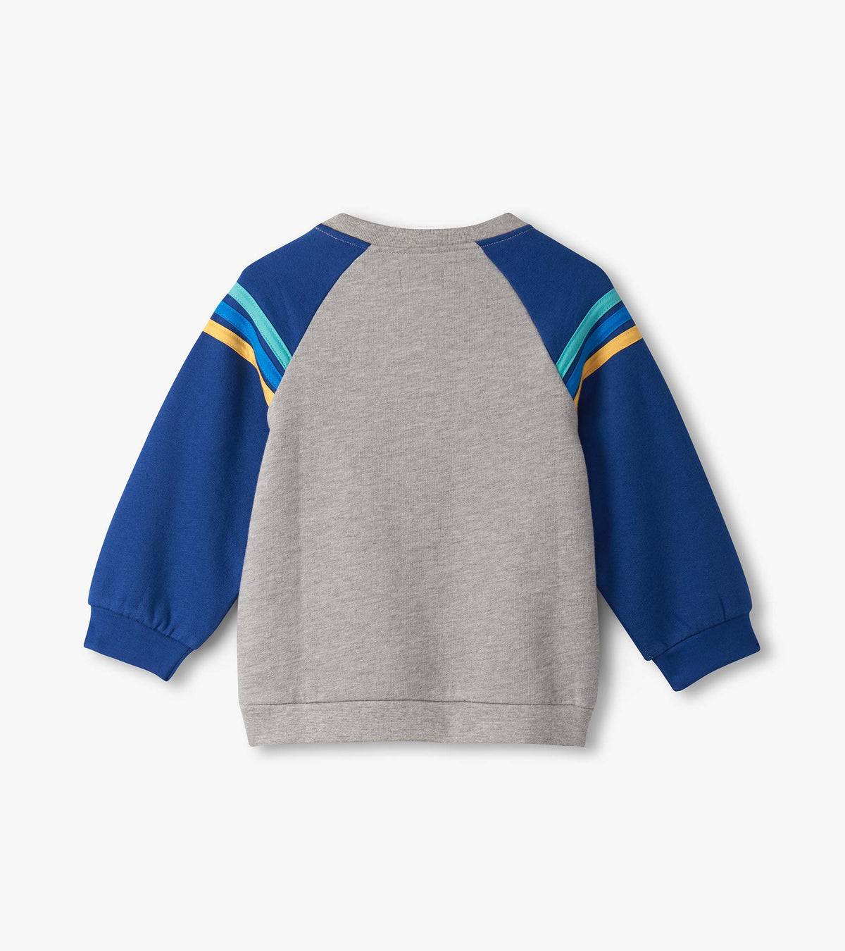 Back view of grey pullover sweatshirt with blue raglan sleeves and turquoise, blue, and yellow shoulder stripes