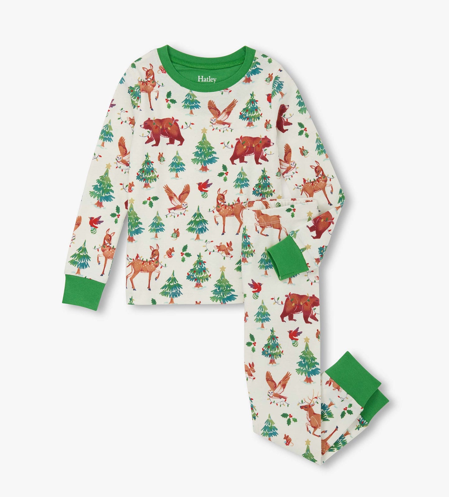 Cotton pajama set featuring a holiday animal print with bears, deer, and trees, accented with green cuffs and collar.
