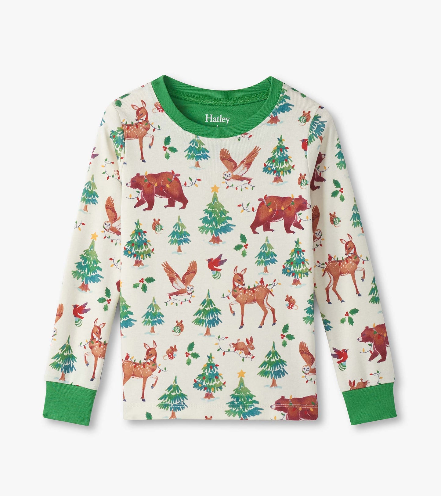 Cotton pajama top featuring a festive animal and tree print with a green collar and cuffs.