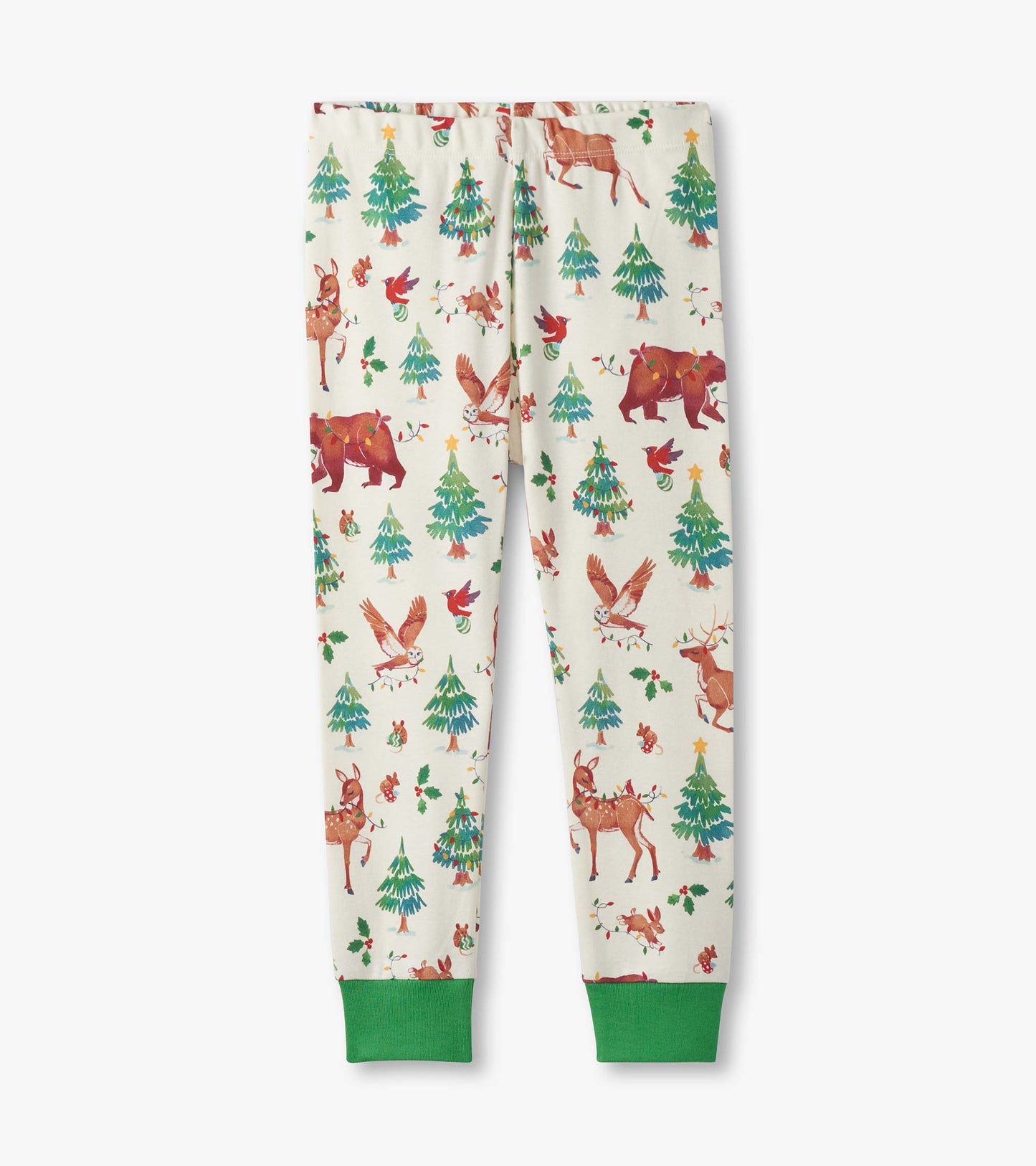 Cotton pajama pants featuring a festive animal and tree print in red, green, and cream with green cuffs.