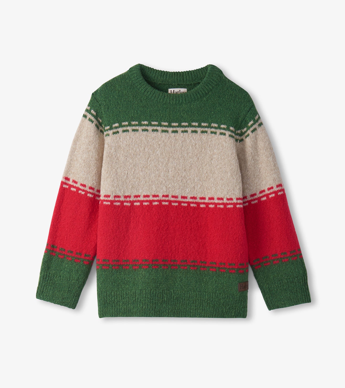 Crew neck sweater featuring green, beige, and red stripes, made from soft knit material, suitable for boys.